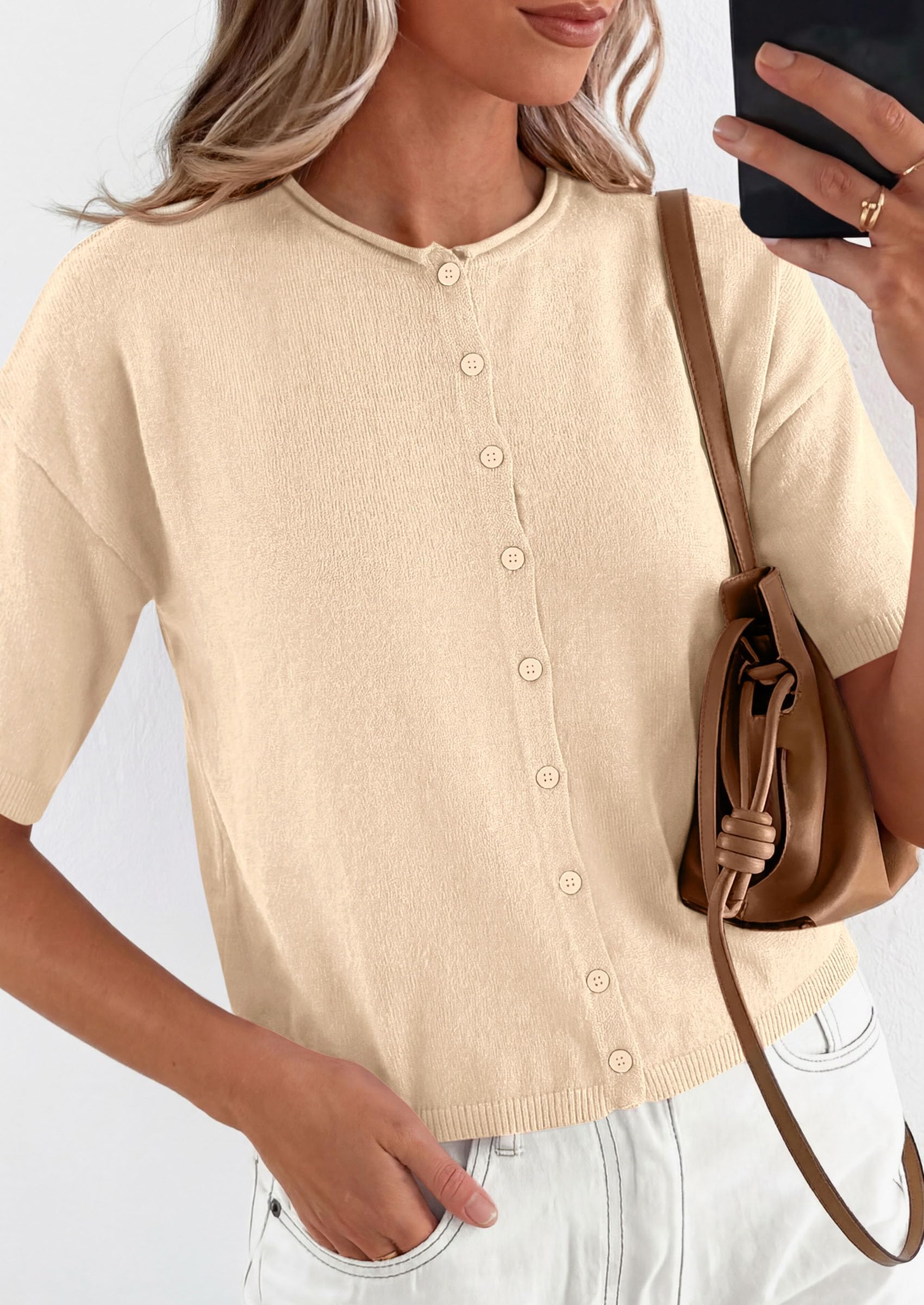 Women's Short Sleeve Cardigan Sweaters (Beige,Small)