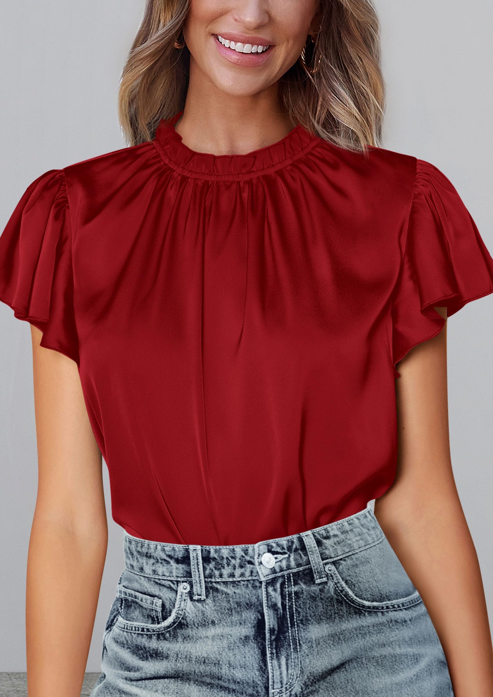 Women's Satin Tops Business Casual Work Blouses, Red,S