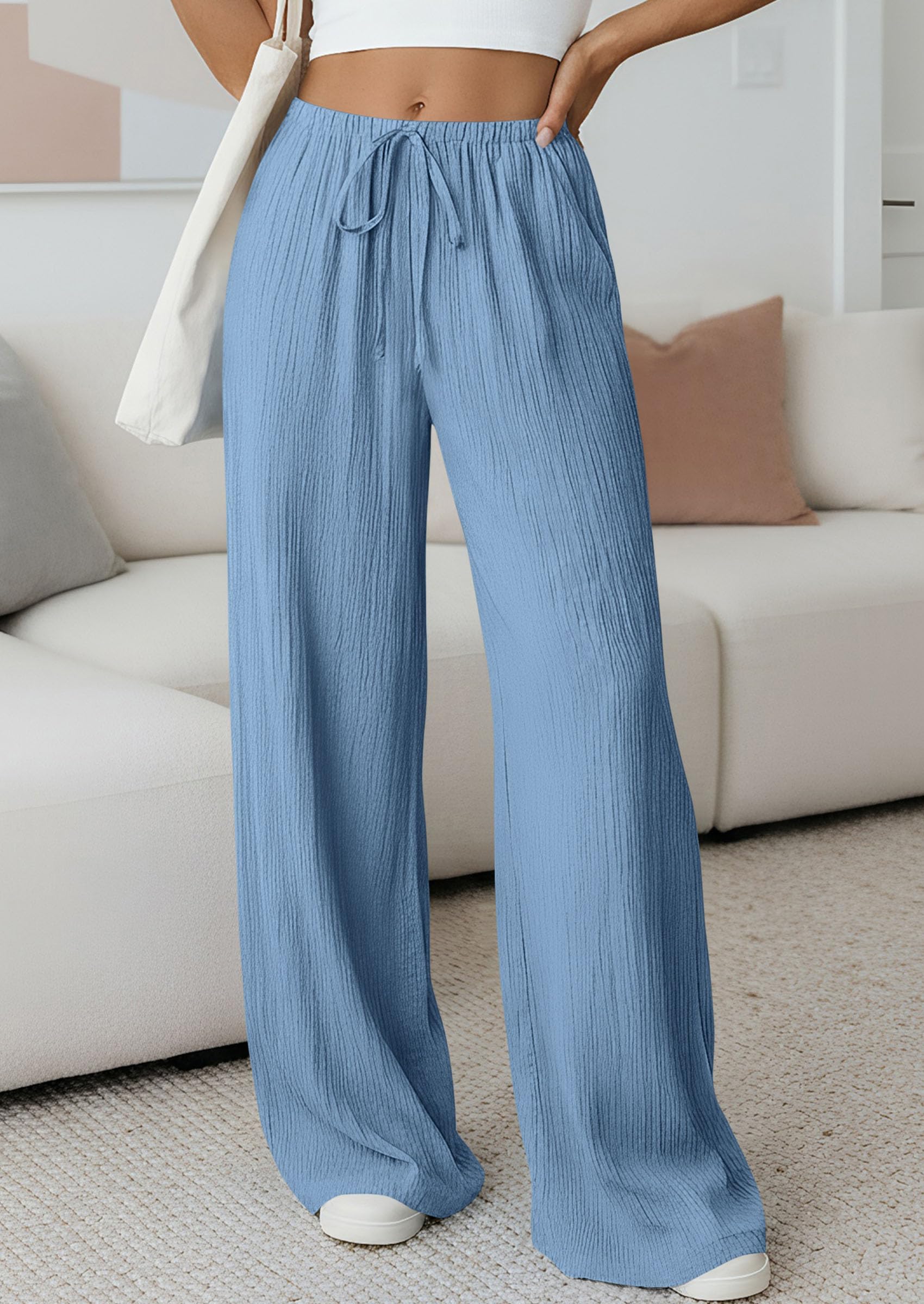 Women's Palazzo Pants Casual Wide Leg Trousers,Blue,S