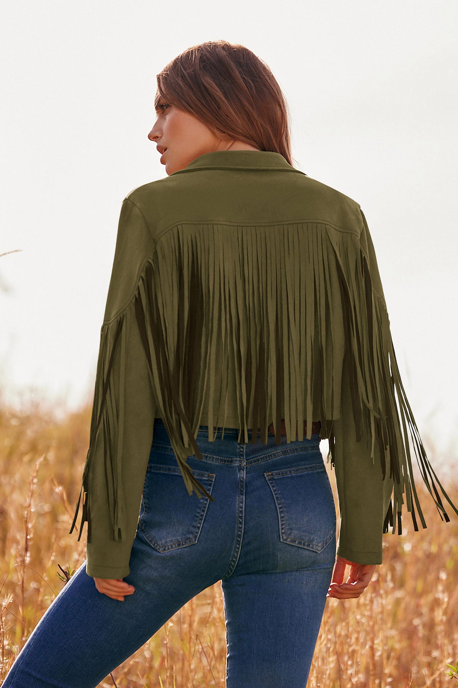 Women's Fringe Faux Suede Leather Jackets,Dark Army Green,S