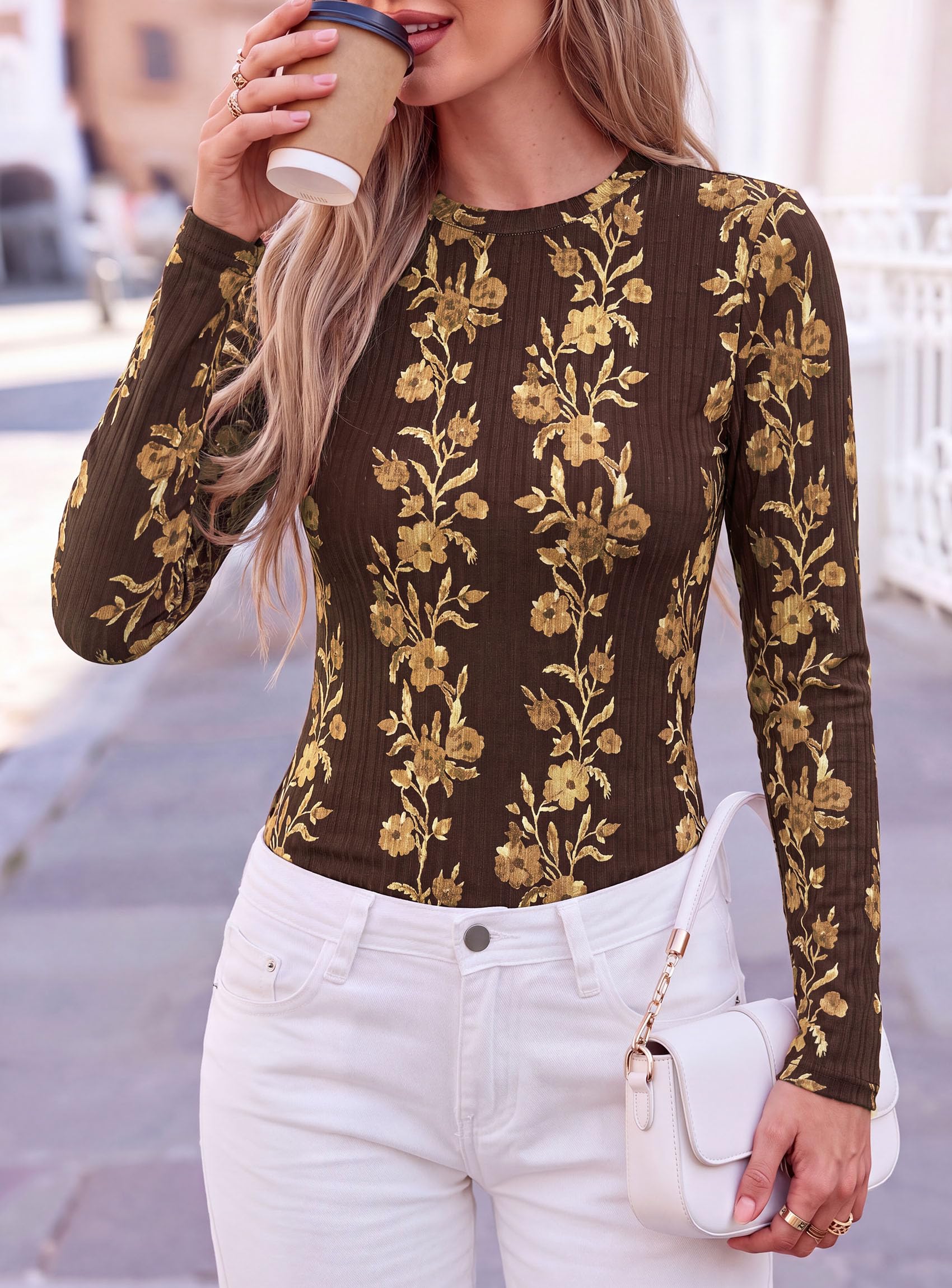 Womens Long Sleeve Shirts Floral Y2K Tops,Brown,XS