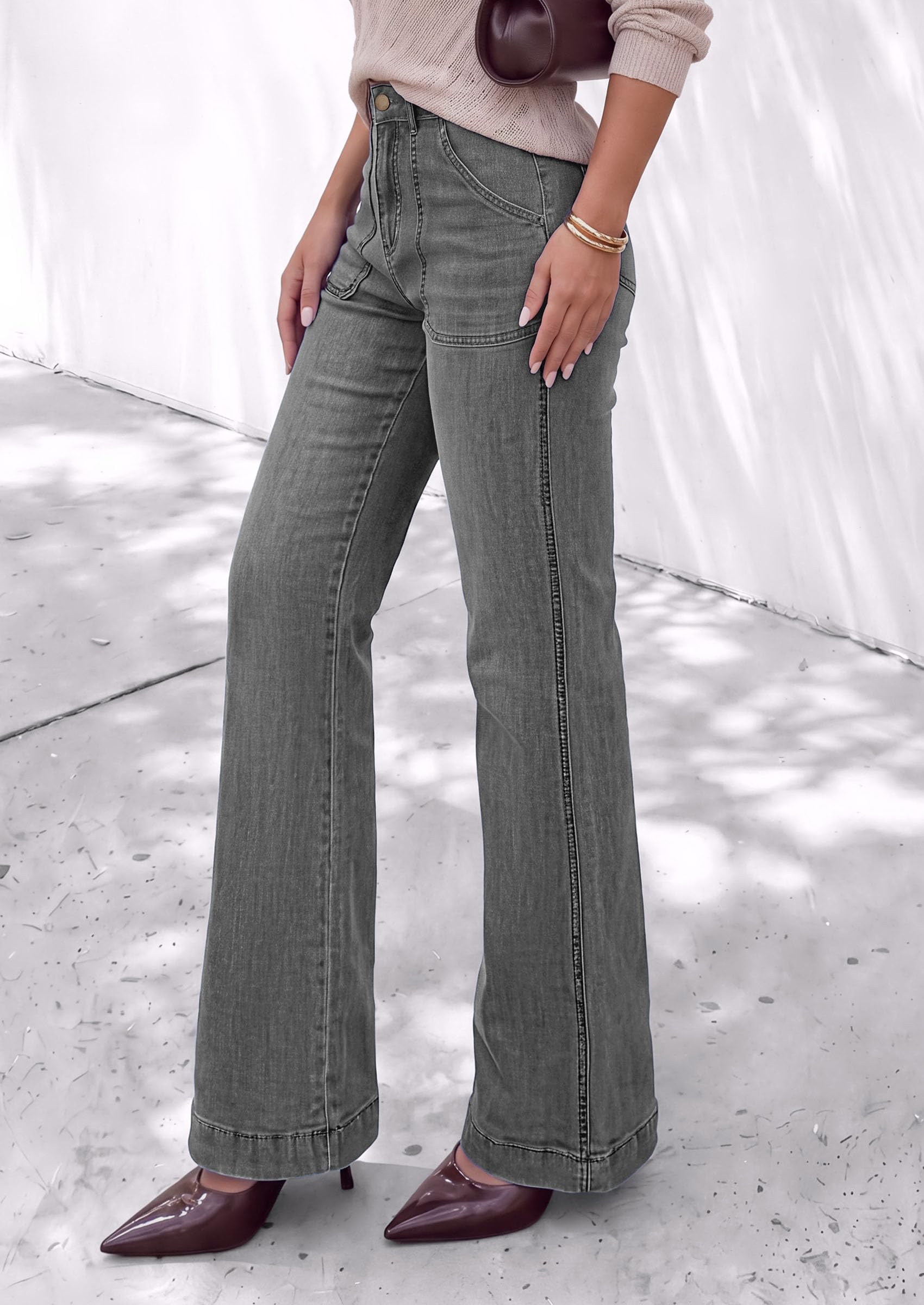 Womens High Waisted Wide Leg Jeans Demin Pants Grey