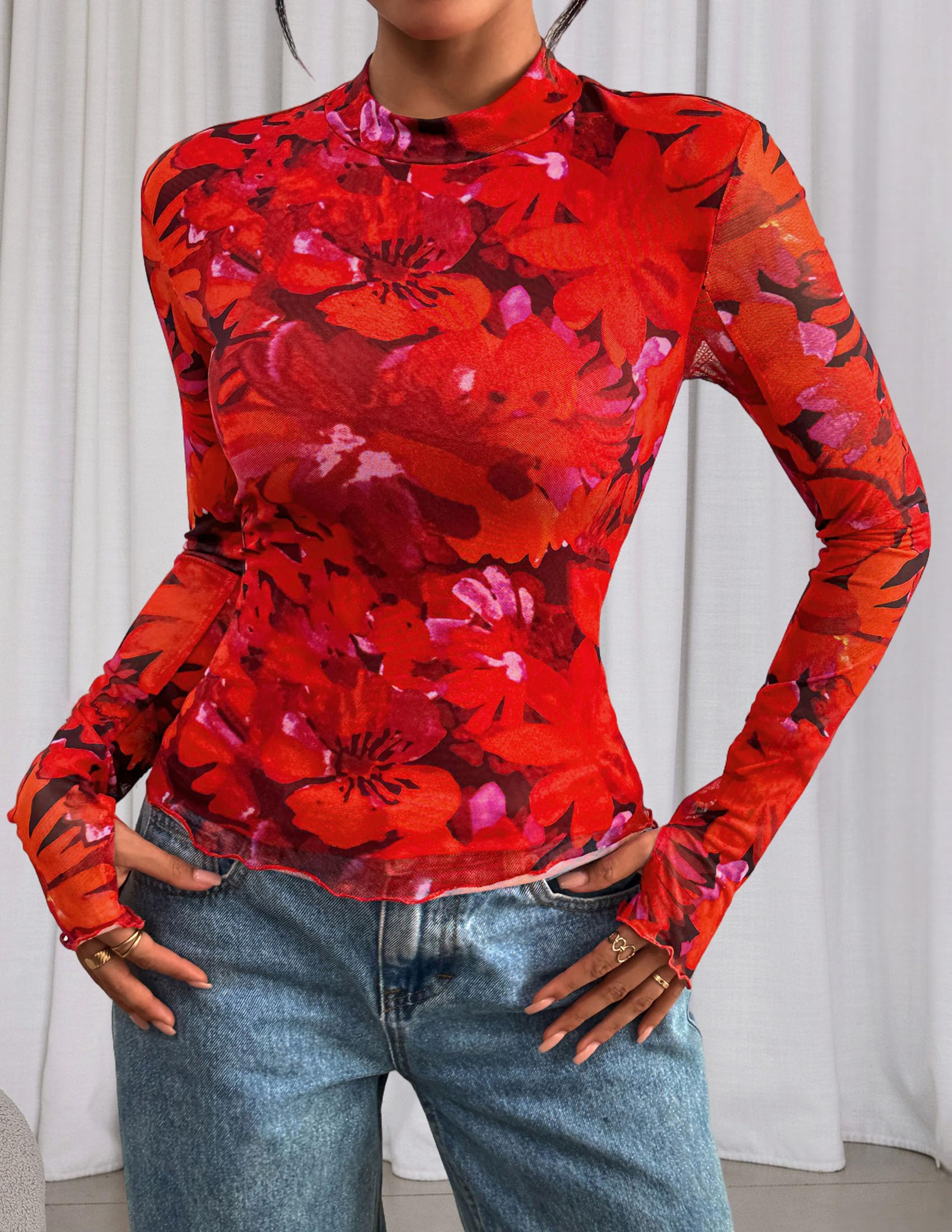 Womens Floral Mesh Long Sleeve Tops Fall Slim Fitted Shirts