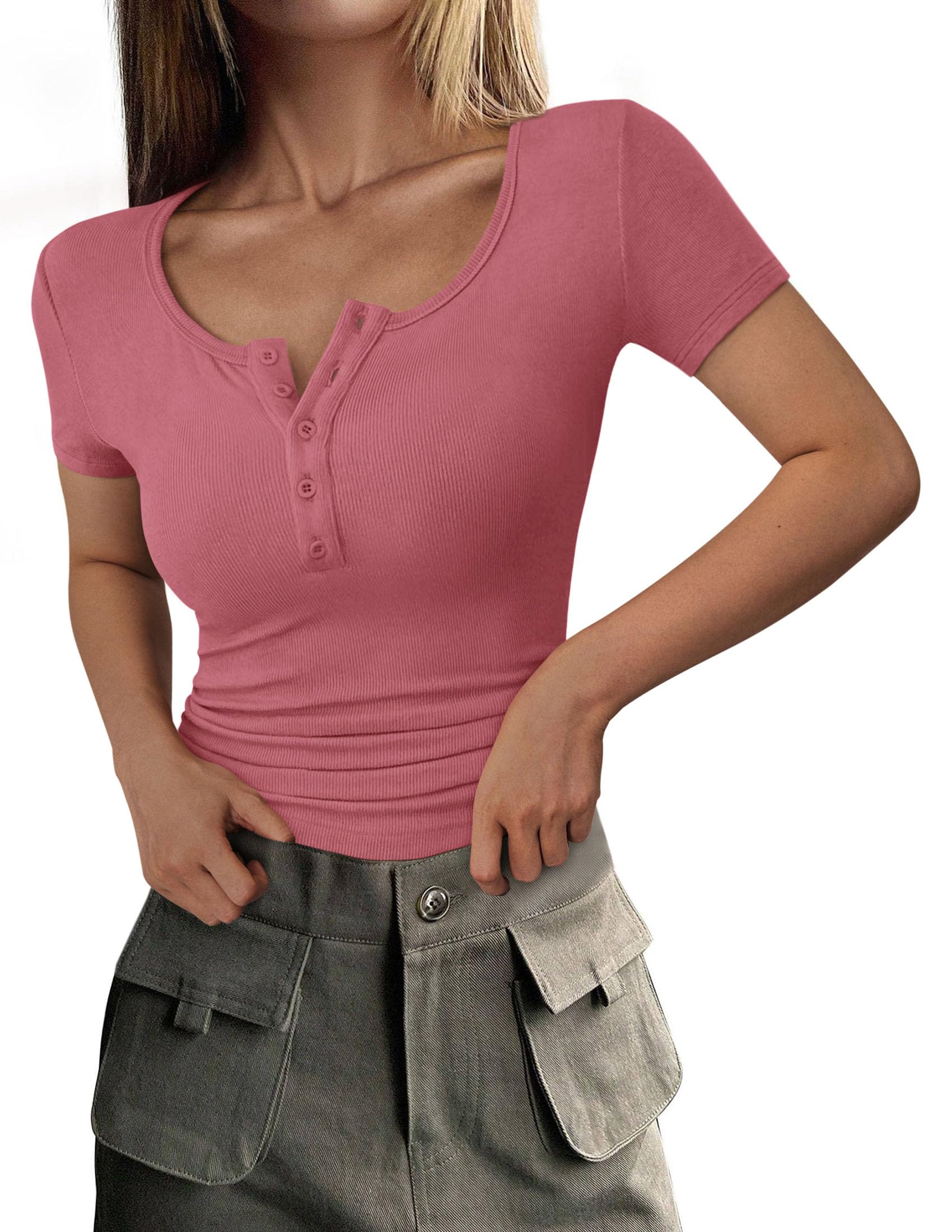 Women's Summer Tops Henley Tee Shirts (Rose Pink,X-Small)