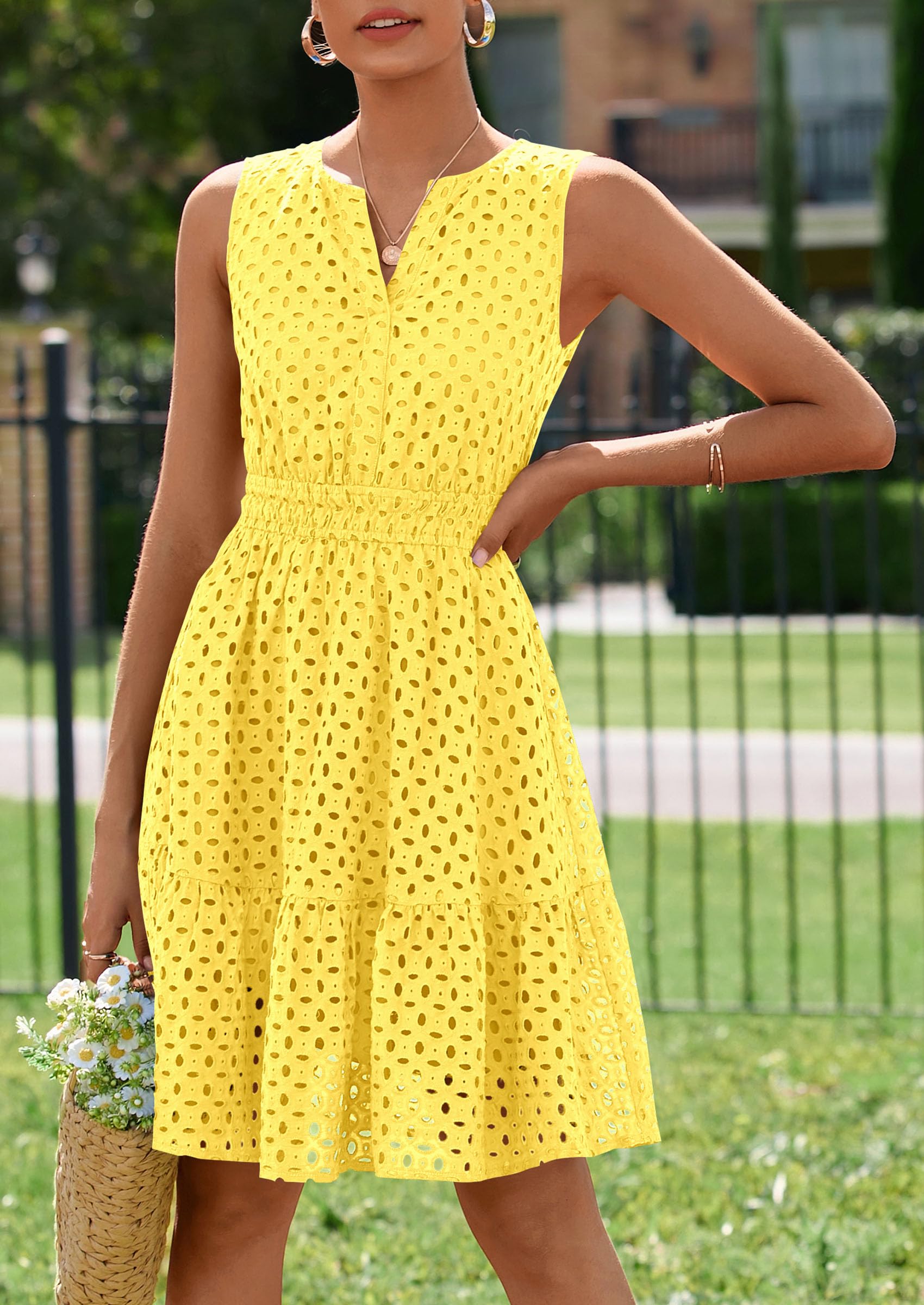 Women's Summer Eyelet A Line Short Dresses,Yellow,S