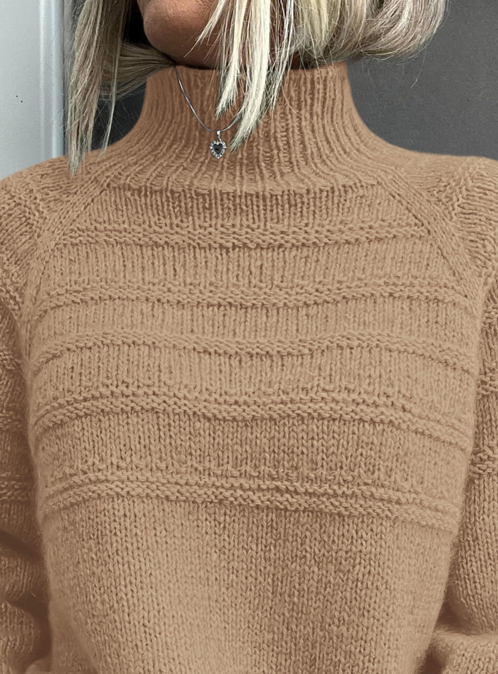 Women's Chunky Knit Mock Neck Pullover Sweaters,Khaki,S