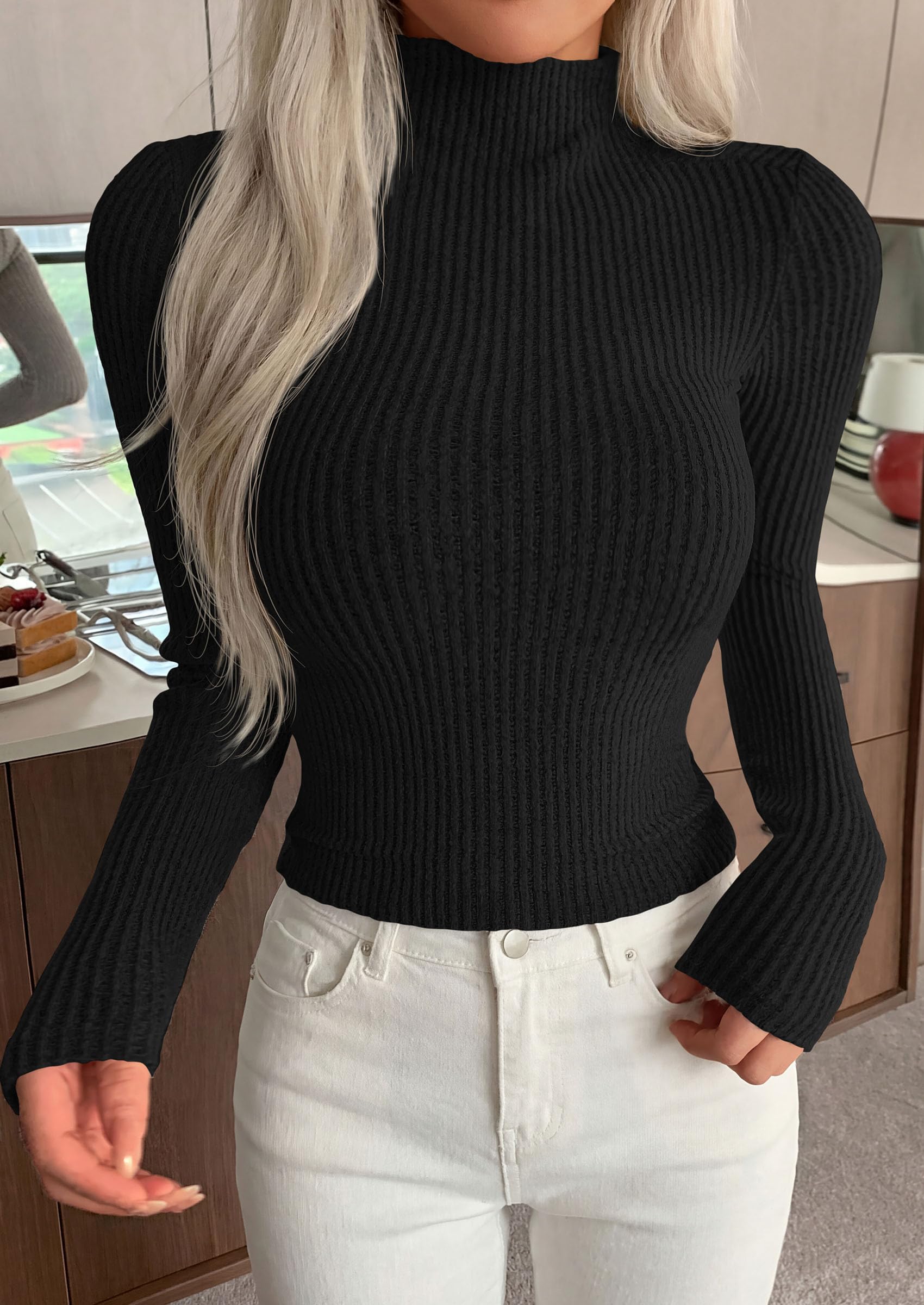 Long Sleeve Shirts for Women Fall Ribbed Mock Turtleneck Tops