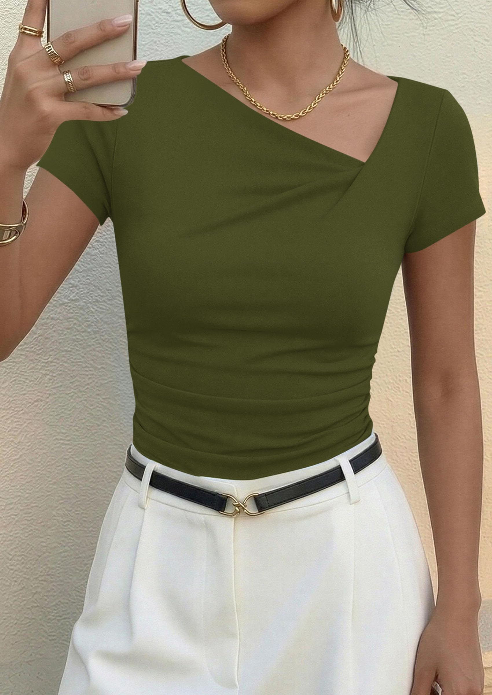 Women's Summer Trendy Asymmetrical Y2K Tops (Army Green,S)