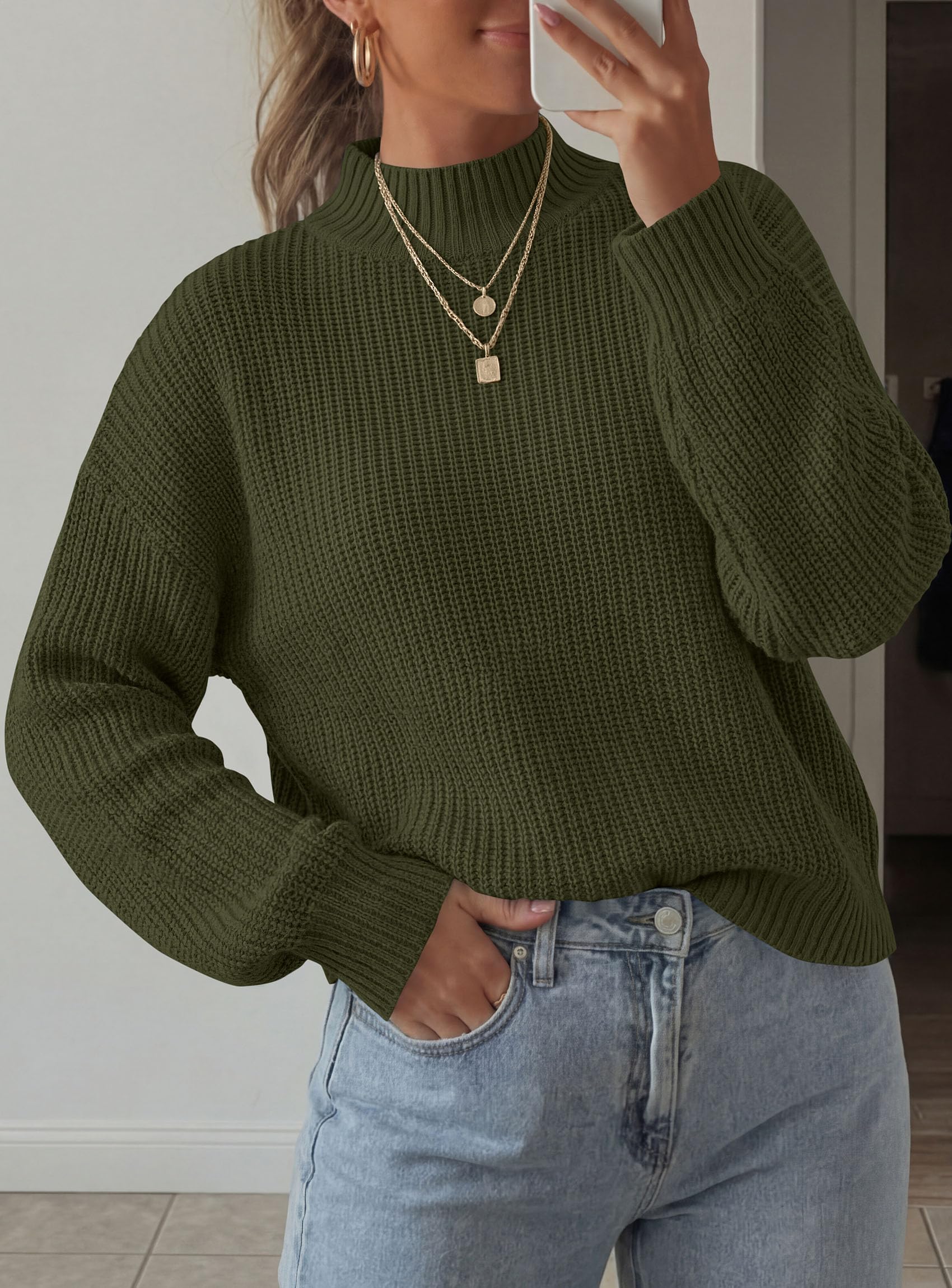 Women's Chunky Knit Fall Mock Turtleneck Pullover Sweaters
