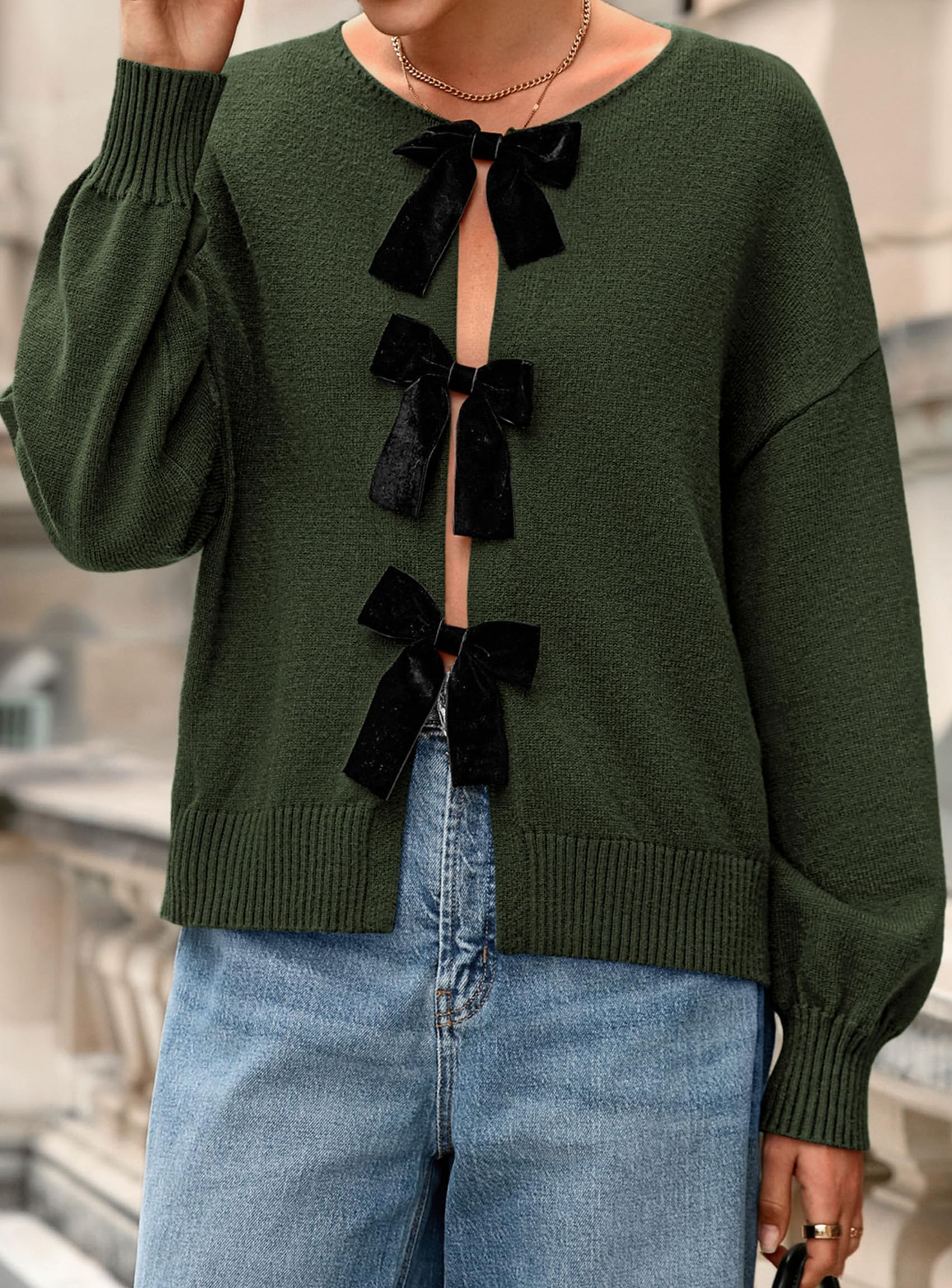 Women's Fall Bow Tie Front Cardigan Sweaters,Army Green,S