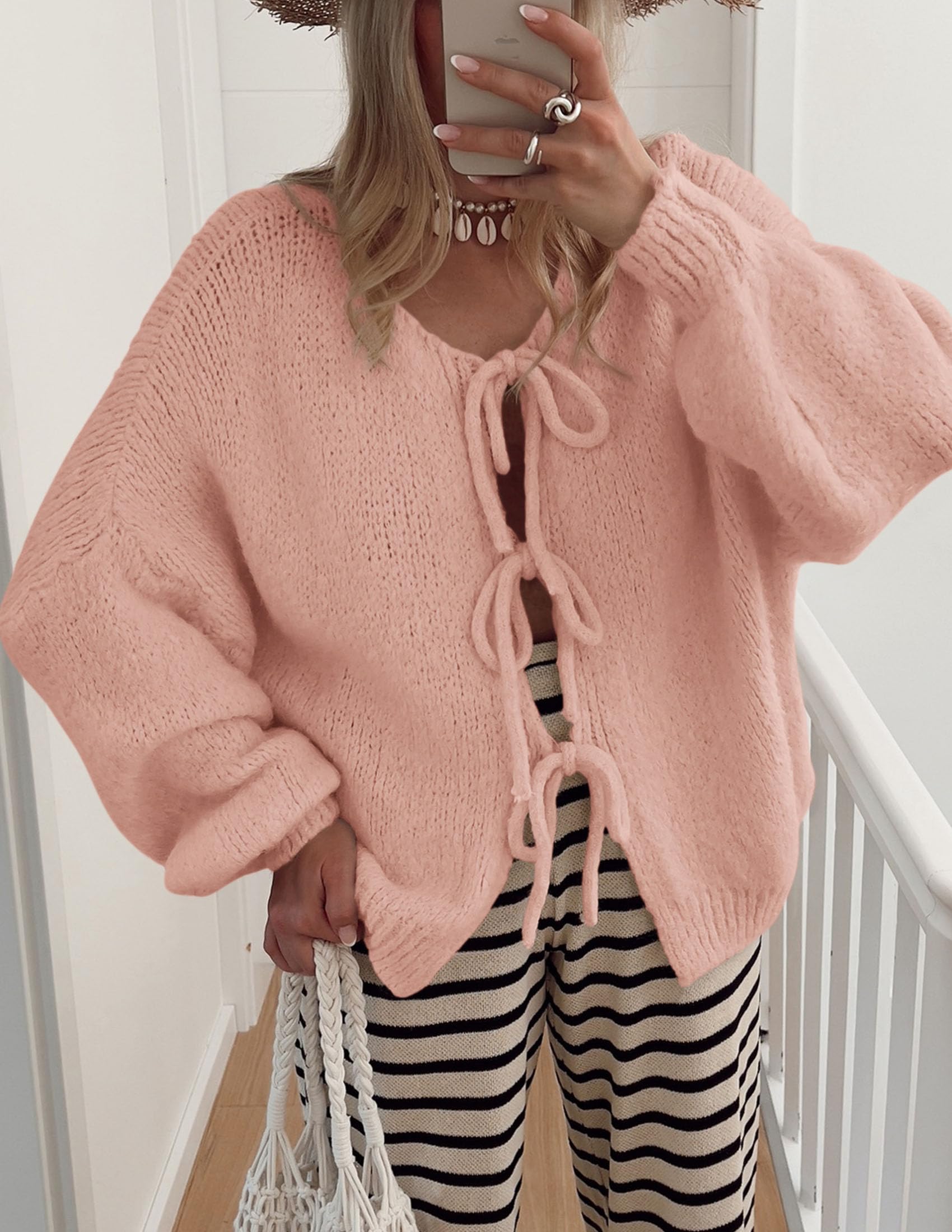 Women's Tie Front Bow Cardigan Sweaters(Pink,Small)