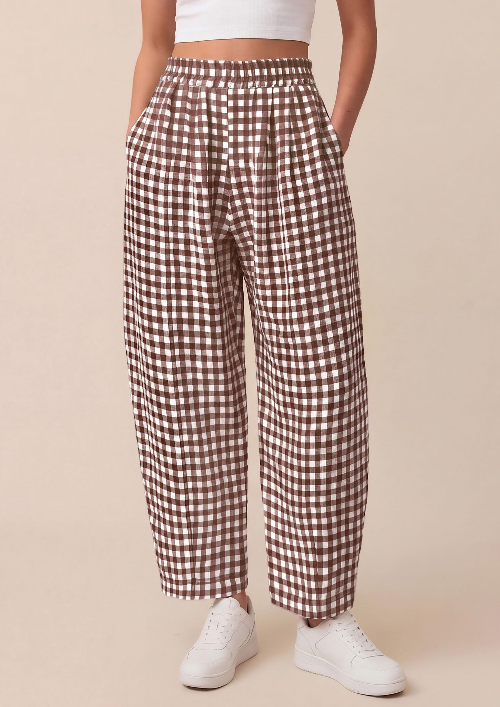 Plaid Barrel Pants Women Summer Bottoms, Brown Plaid,S