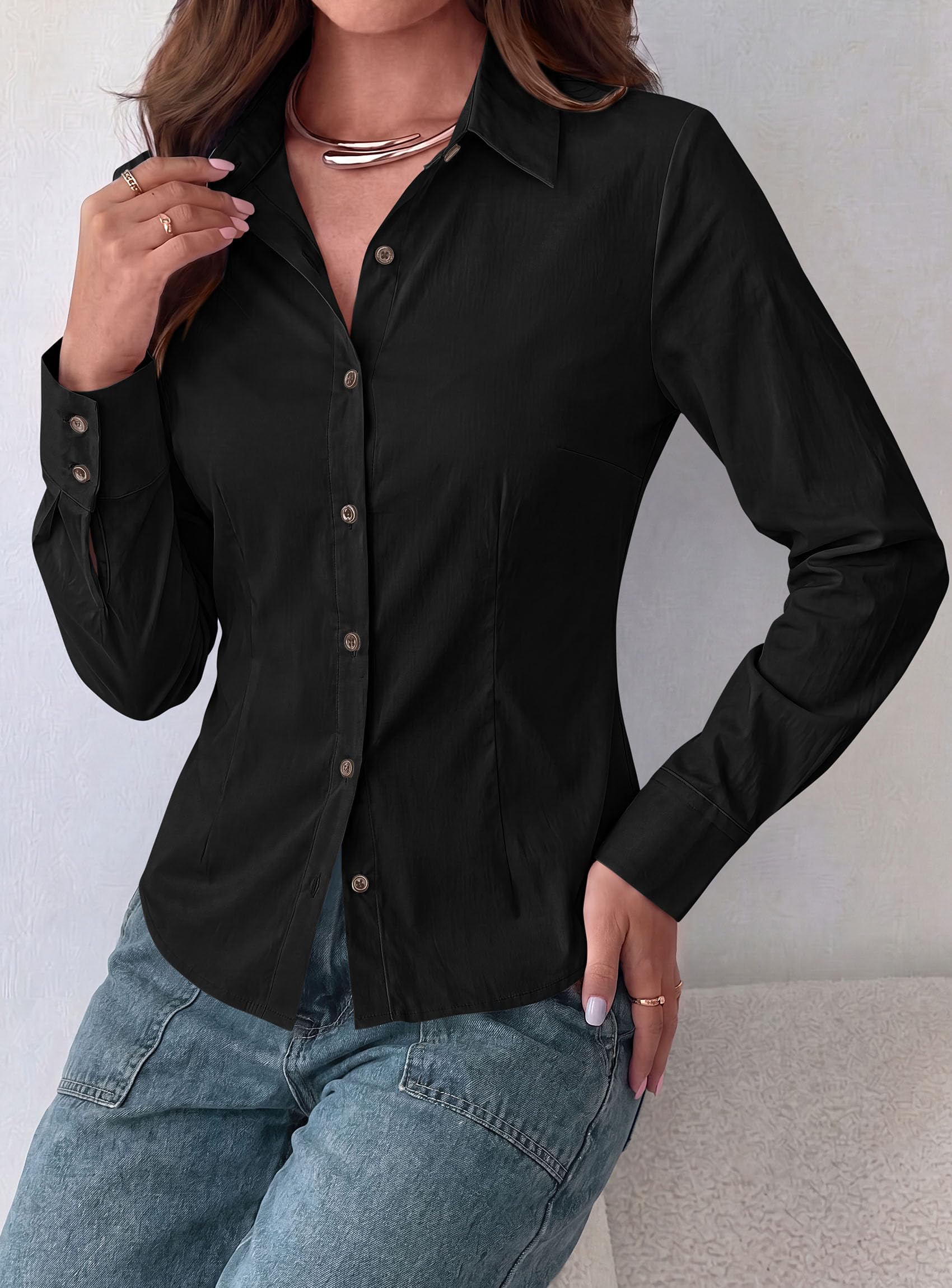 Womens Button Down Shirts Long Sleeve Blouse (Black,S)