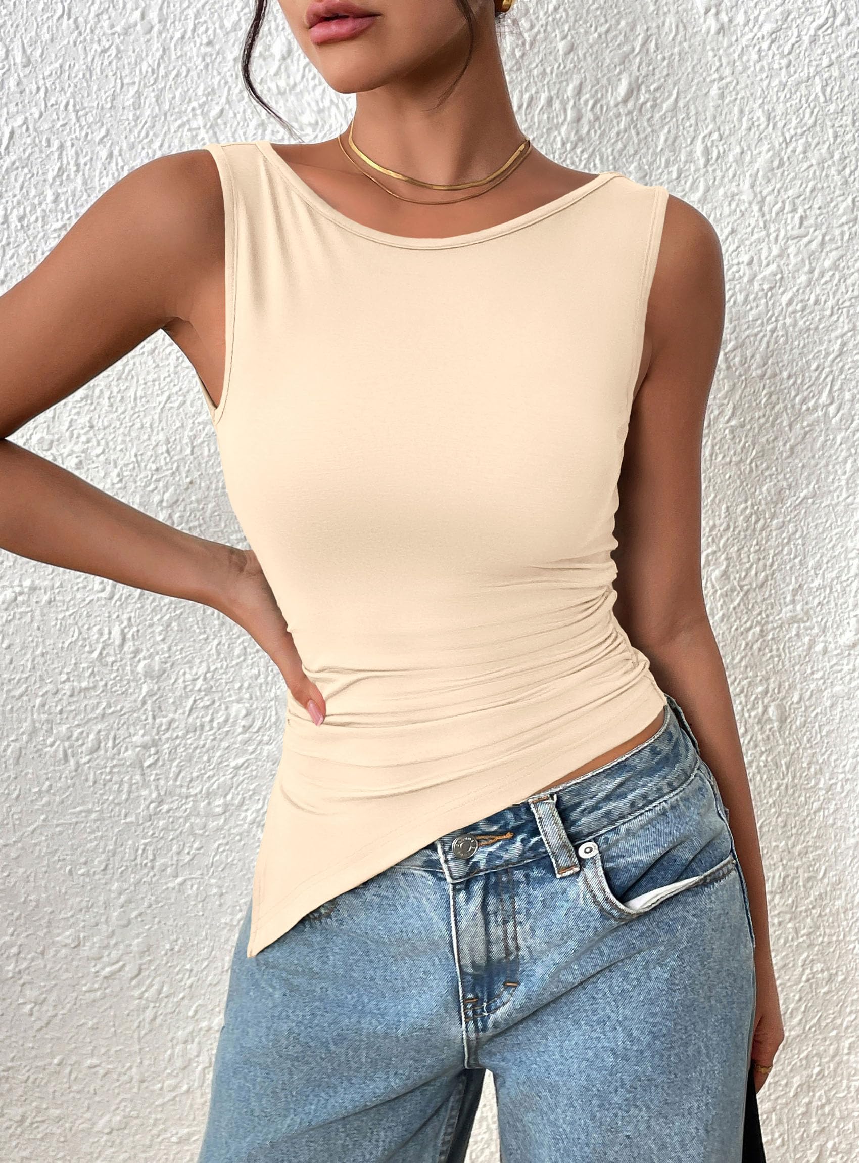 Women's Ruched Tank Tops Summer Y2K Shirts,Beige,S