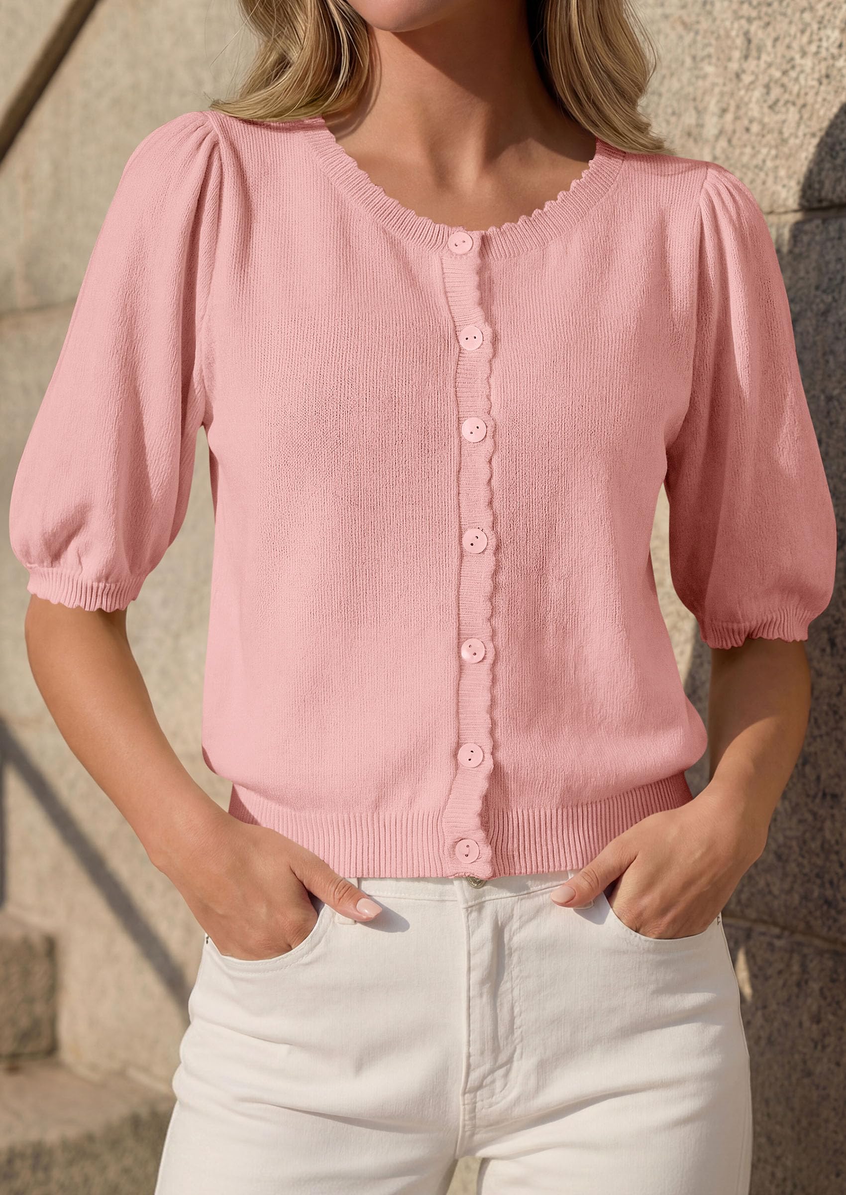 Women Short Sleeve Lightweight Knit Cardigans, Pink,S