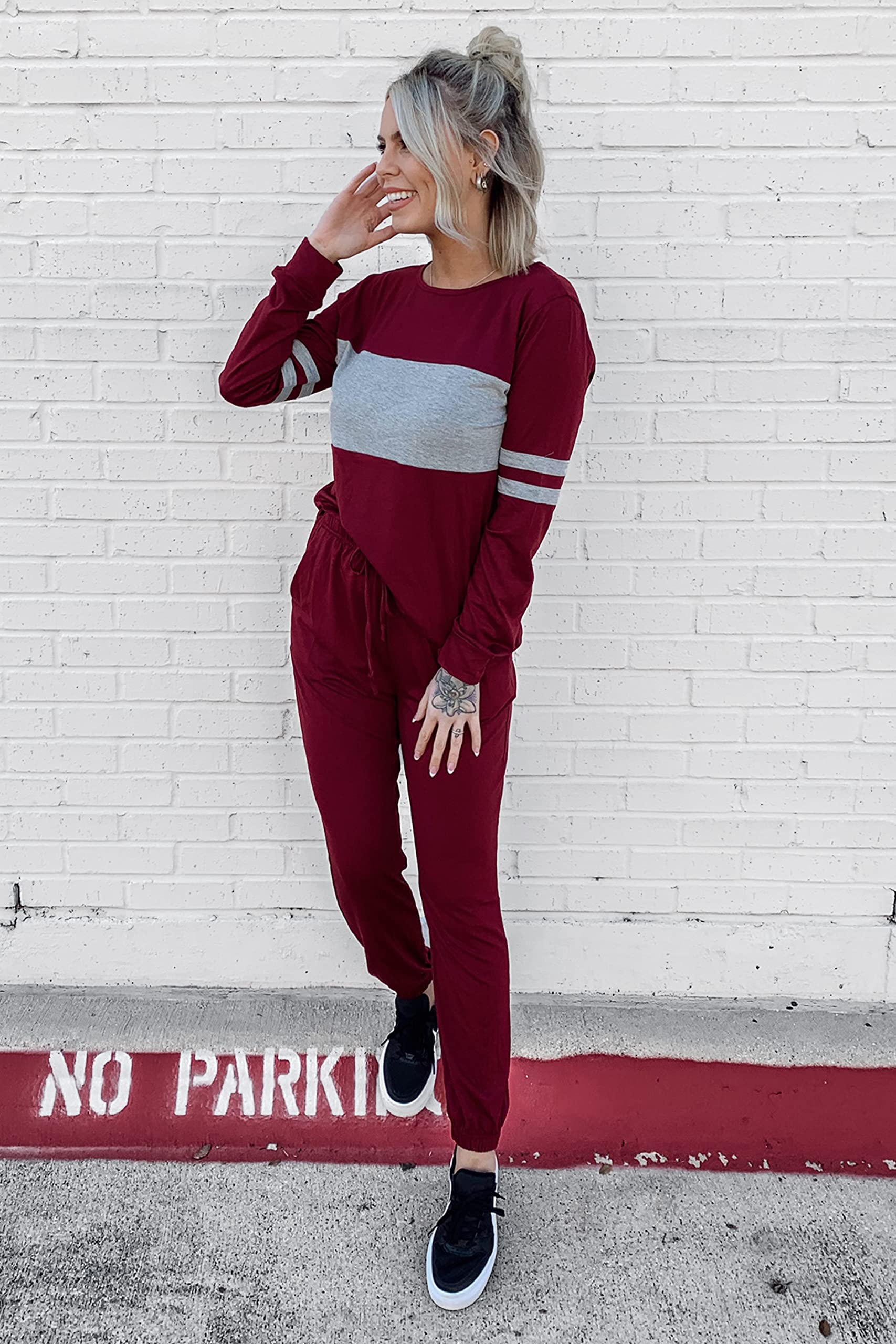 Women Color Block 2 Piece Sets Tracksuit,Wine Red,S