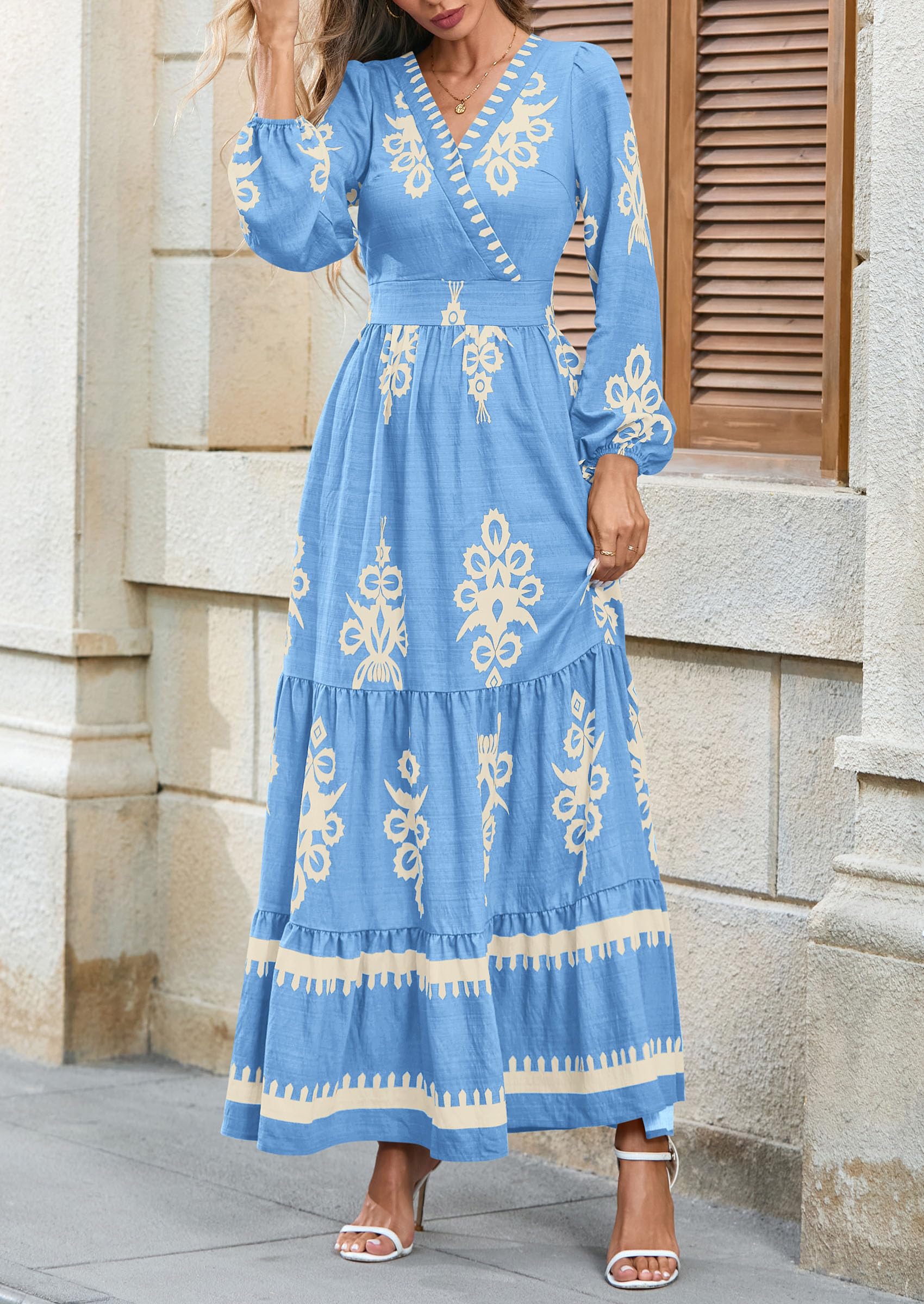 Women's Long Sleeve Floral Boho Maxi Wedding Guest Dress