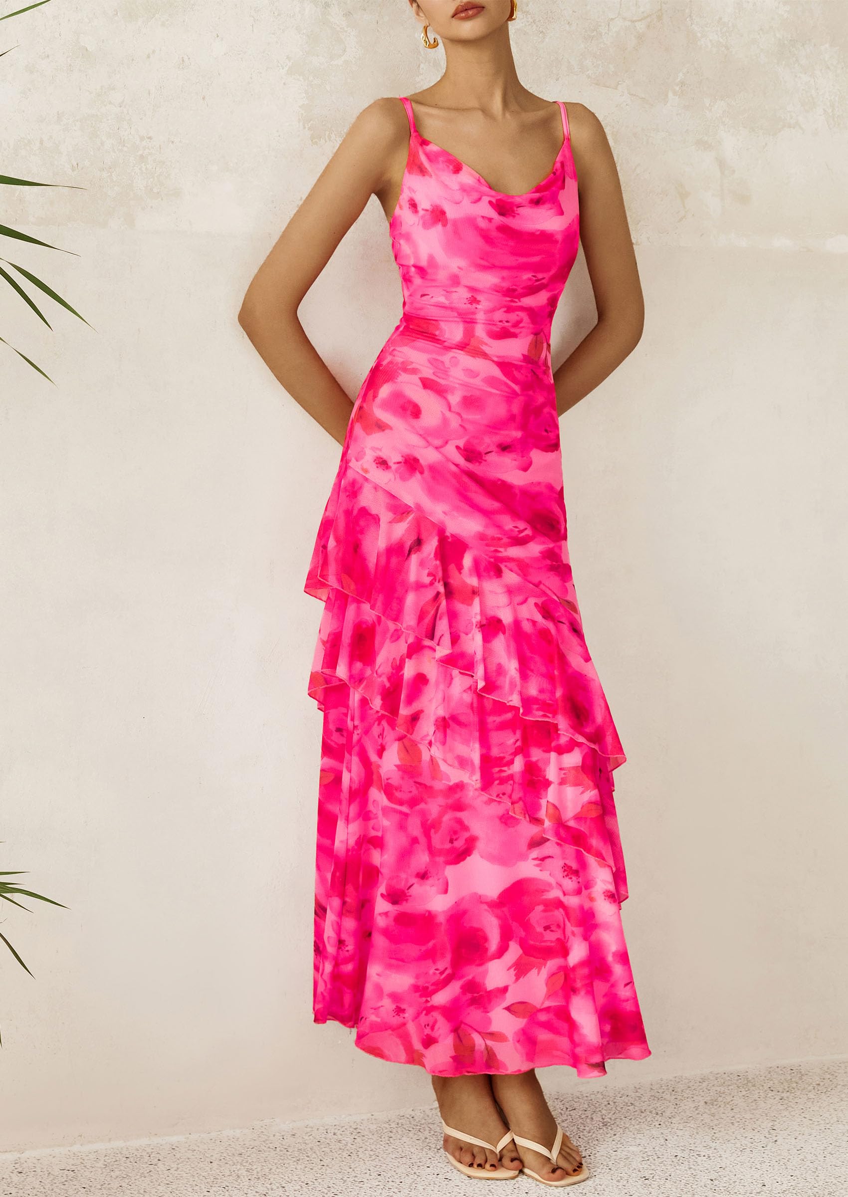 Women's Boho Floral Tiered Maxi Dress, Print Pink,M