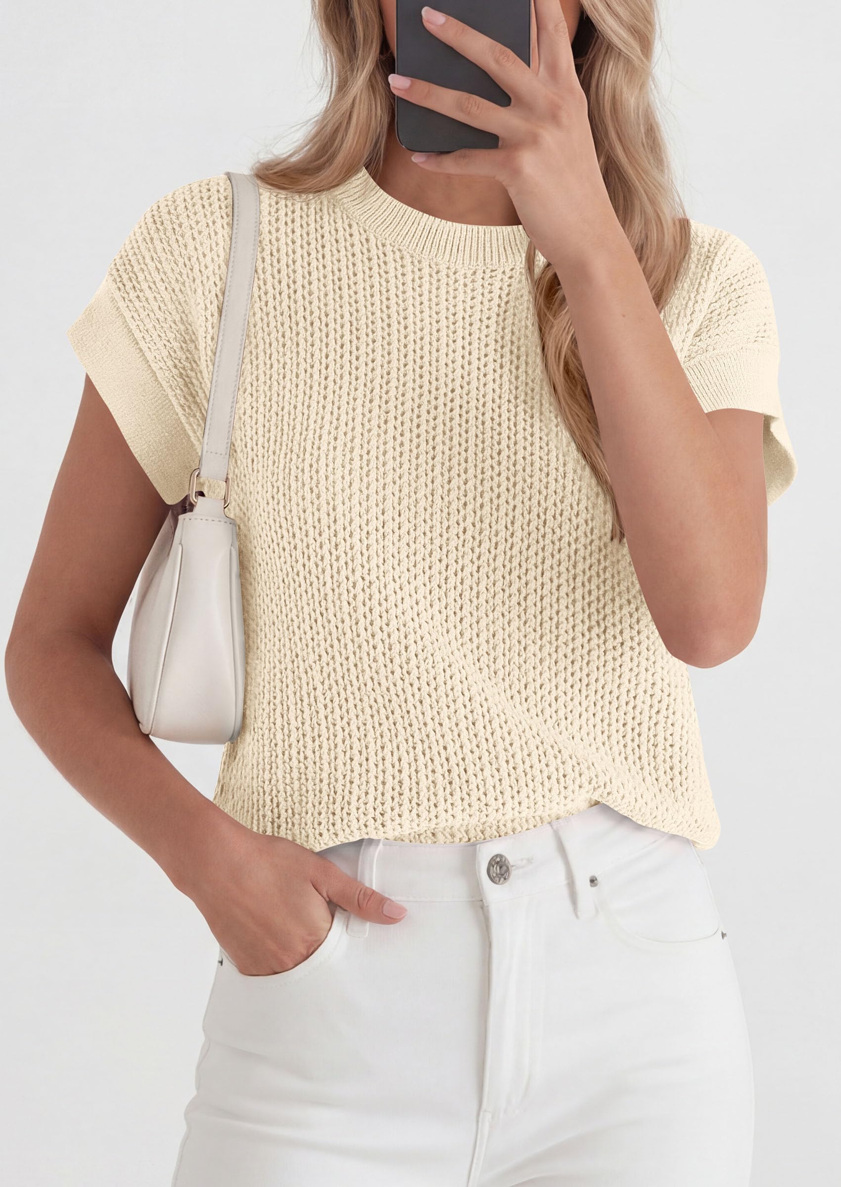 Women's Summer Sweater Vest Crochet Tops (Beige,S)