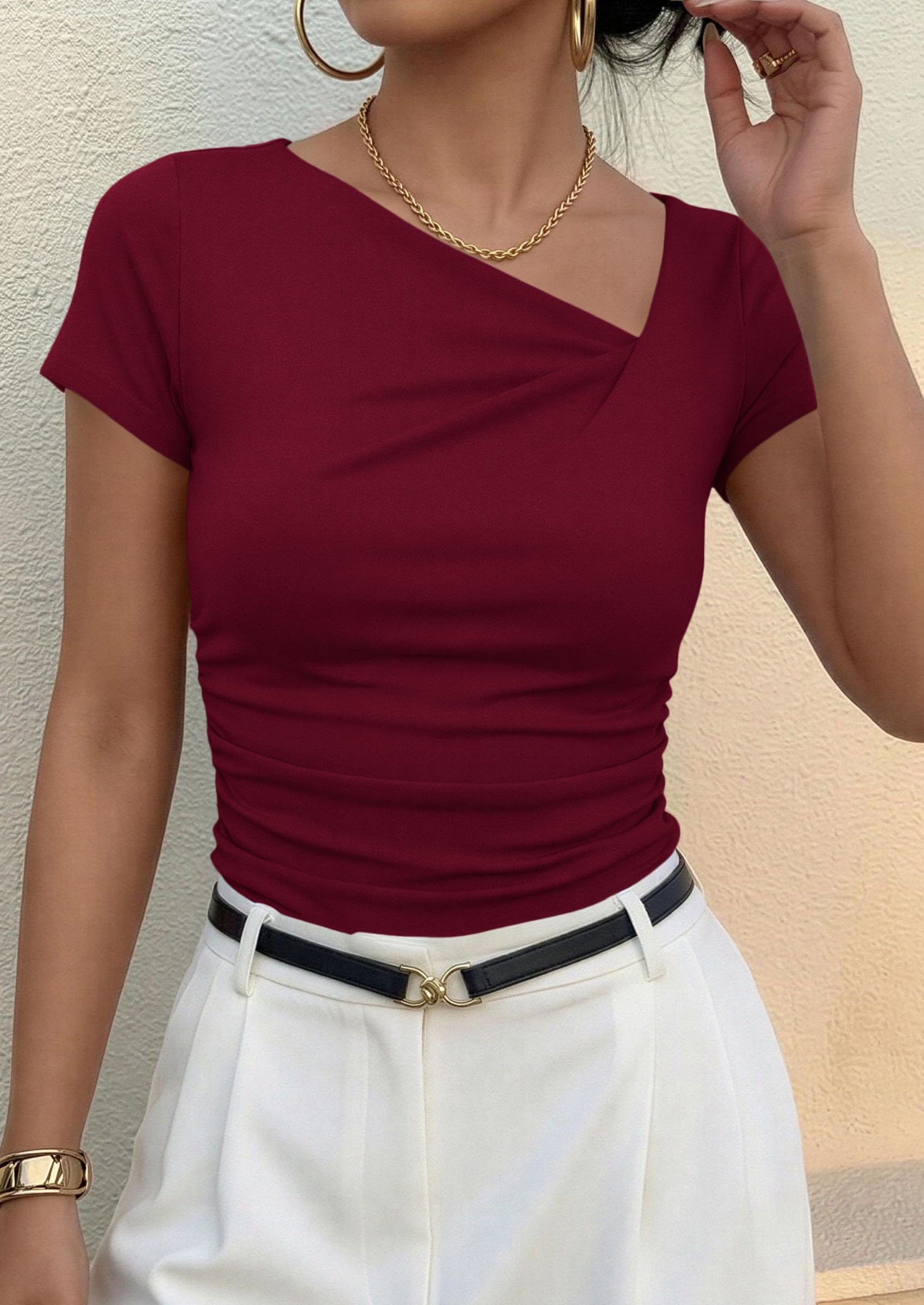Women's Summer Trendy Asymmetrical Y2K Tops (Burgundy,S)