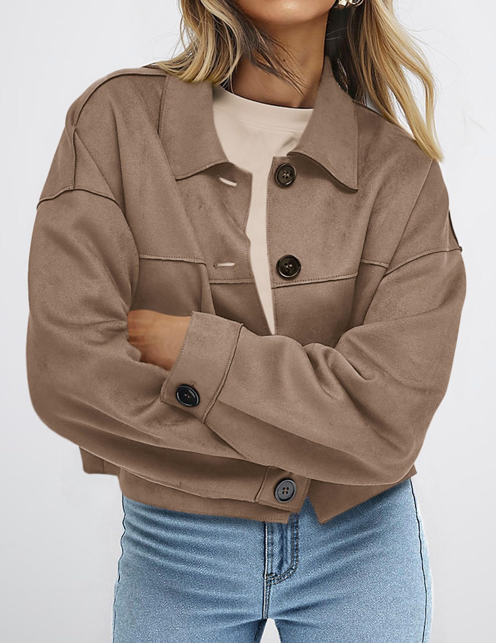 Women's Faux Suede Shacket Jackets Lightweight Cropped Coats