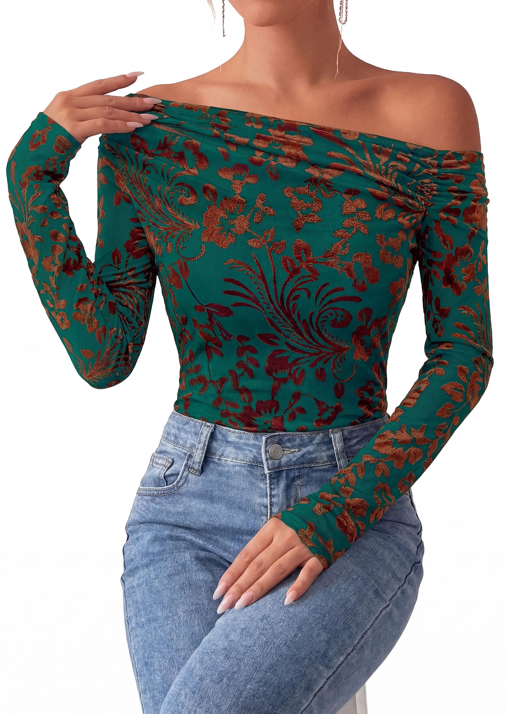 Off the Shoulder Tops for Women Fall Mesh Floral Blouses