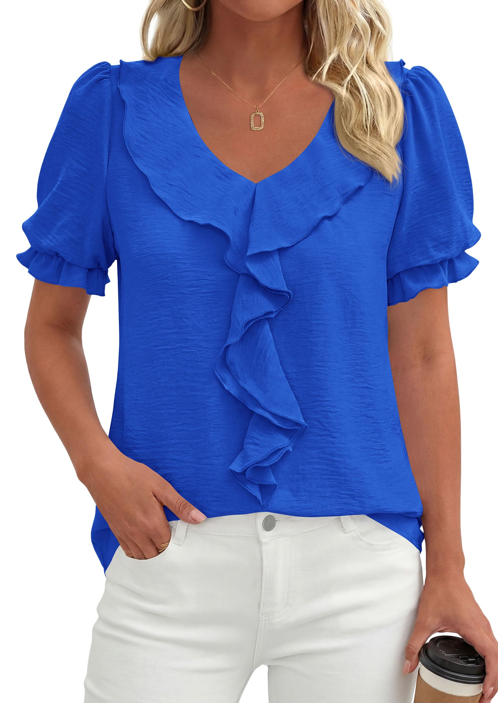Women's Summer Ruffle Dressy Casual Blouses (Blue,S)