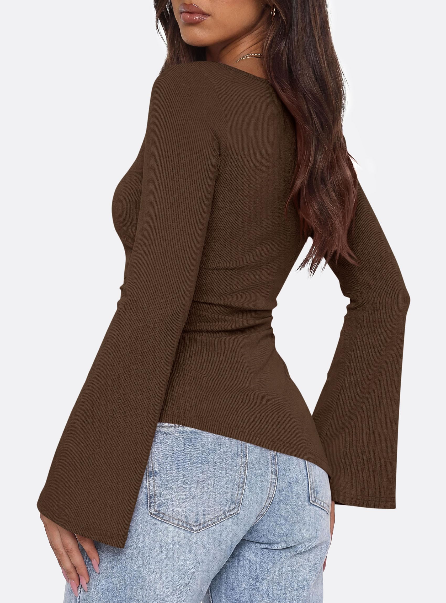 Womens Bell Long Sleeve Boat Neck Asymmetrical Tops Brown,XS