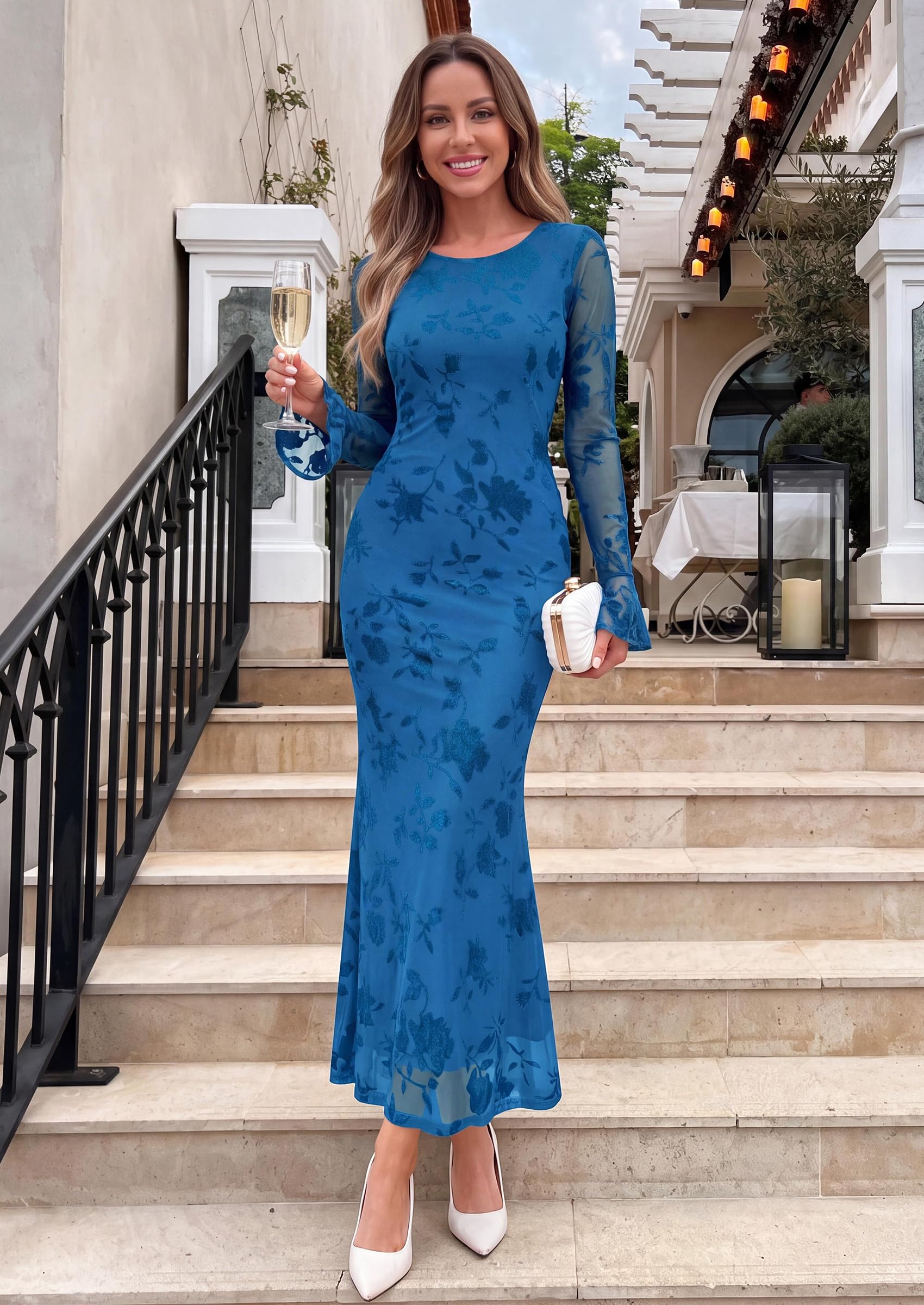 Women's Long Sleeve Maxi Floral Mesh Fall Wedding Guest Dress