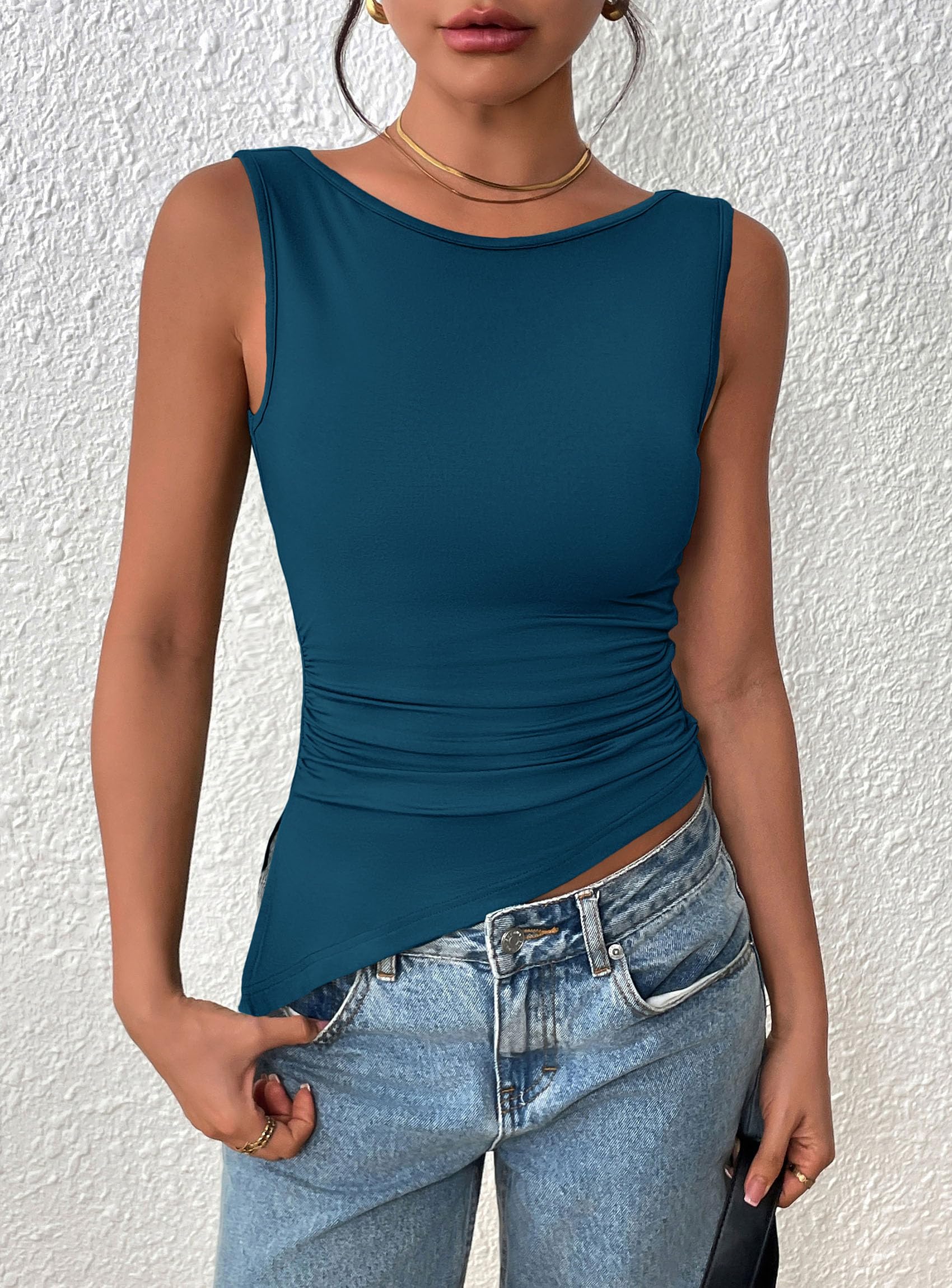 Women's Ruched Tank Tops Summer Y2K Shirts,Peacock Blue,S
