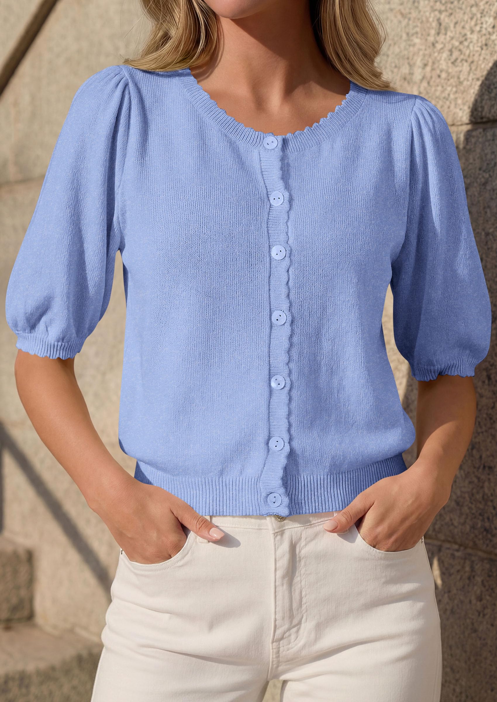 Women Short Sleeve Lightweight Knit Cardigans, Light Blue,S