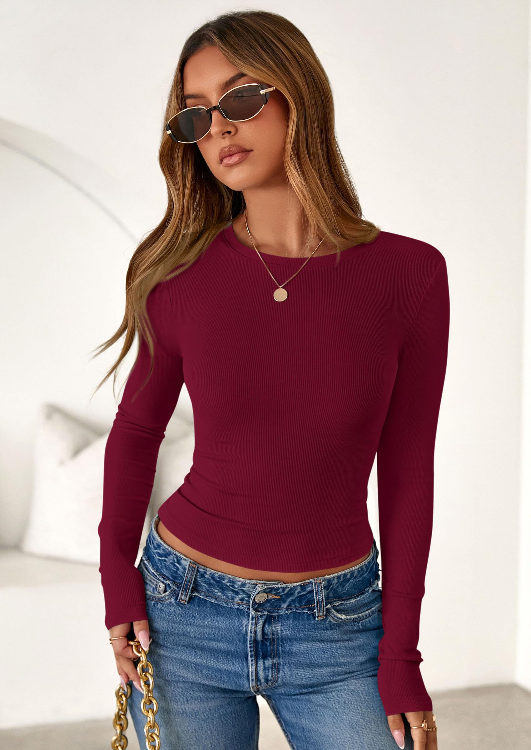 Women's Fall Long Sleeve Shirts Basic Tees (Burgundy,XS)
