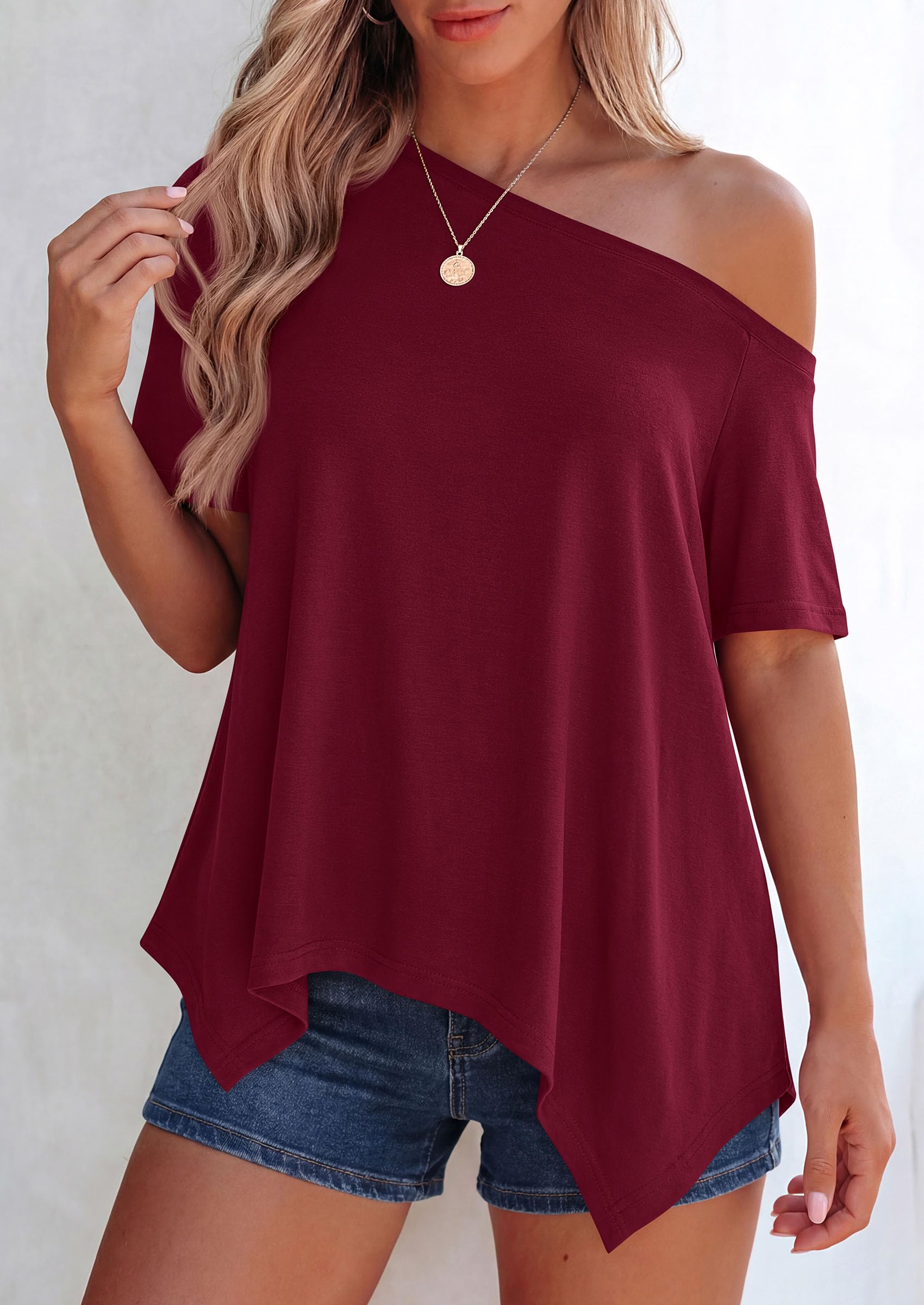 Off Shoulder Tops for Women Oversized Tshirts, Burgundy,S