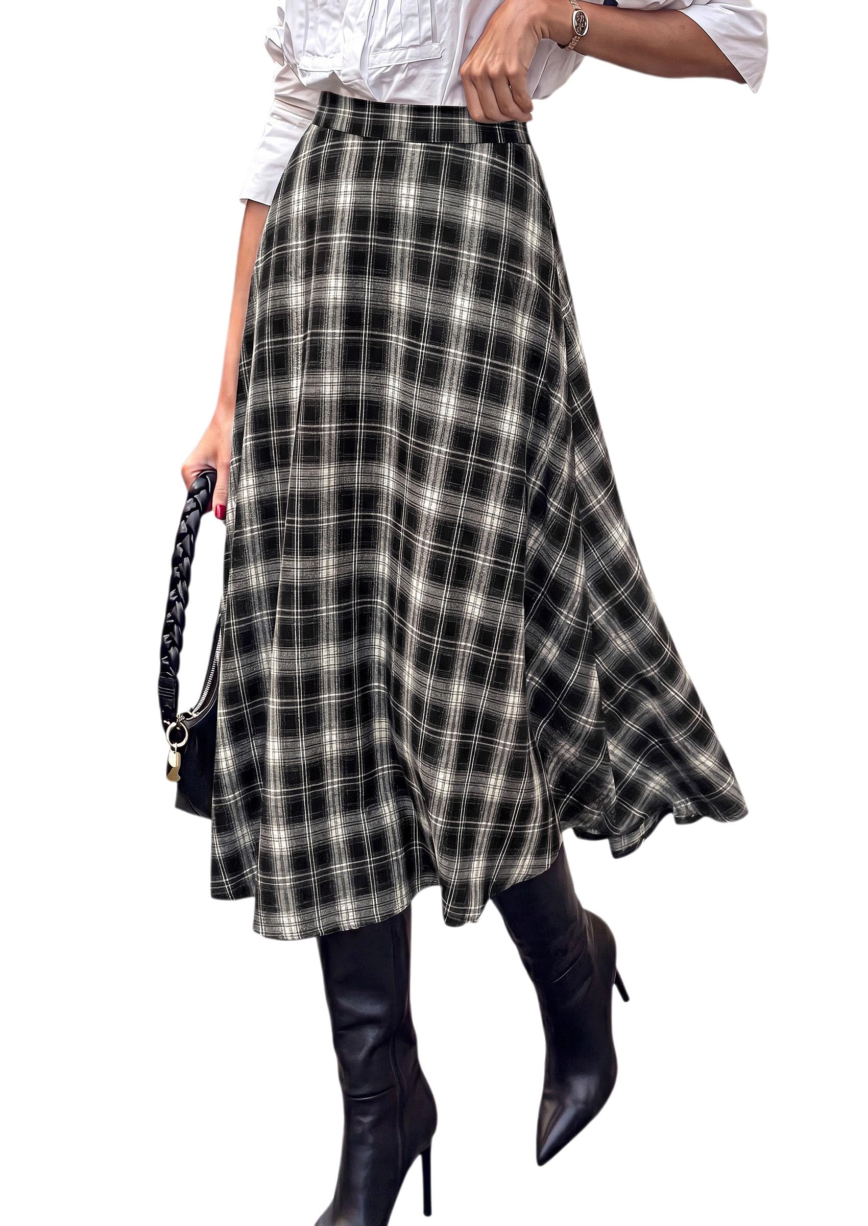 Women's Plaid High Waisted A-Line Midi Skirts,Black,M