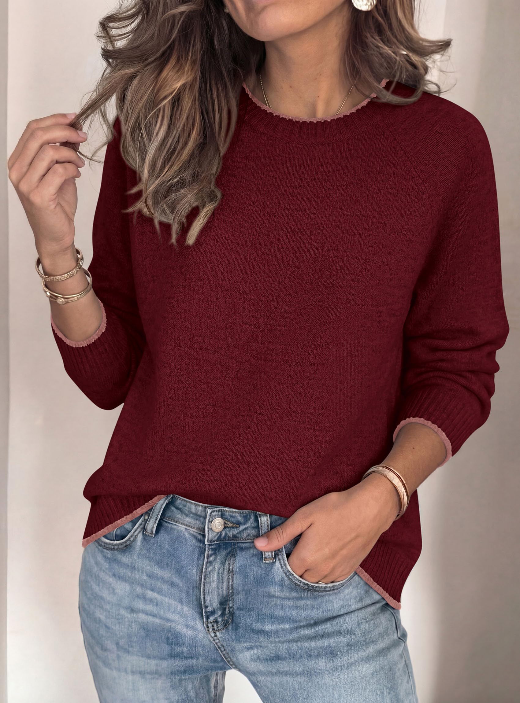 Womens Crewneck Fall Sweaters Pullover Tops,Wine Red,S