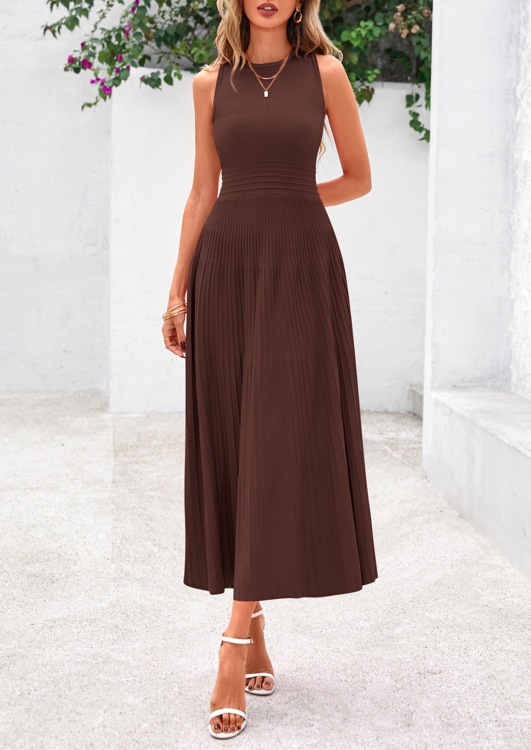 Women's Summer Pleated Midi Work Dress,Brown,S