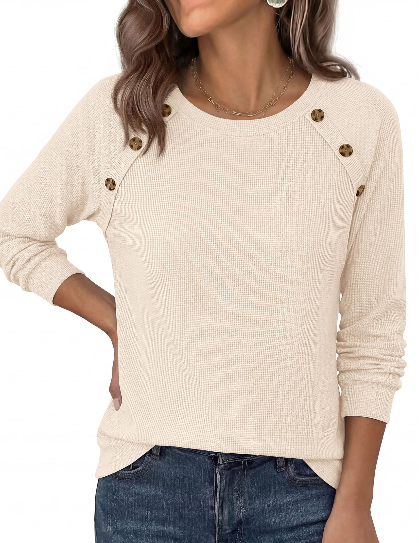 Fall Long Sleeve Waffle Knit Shirts for Women Loose Tunic Tops