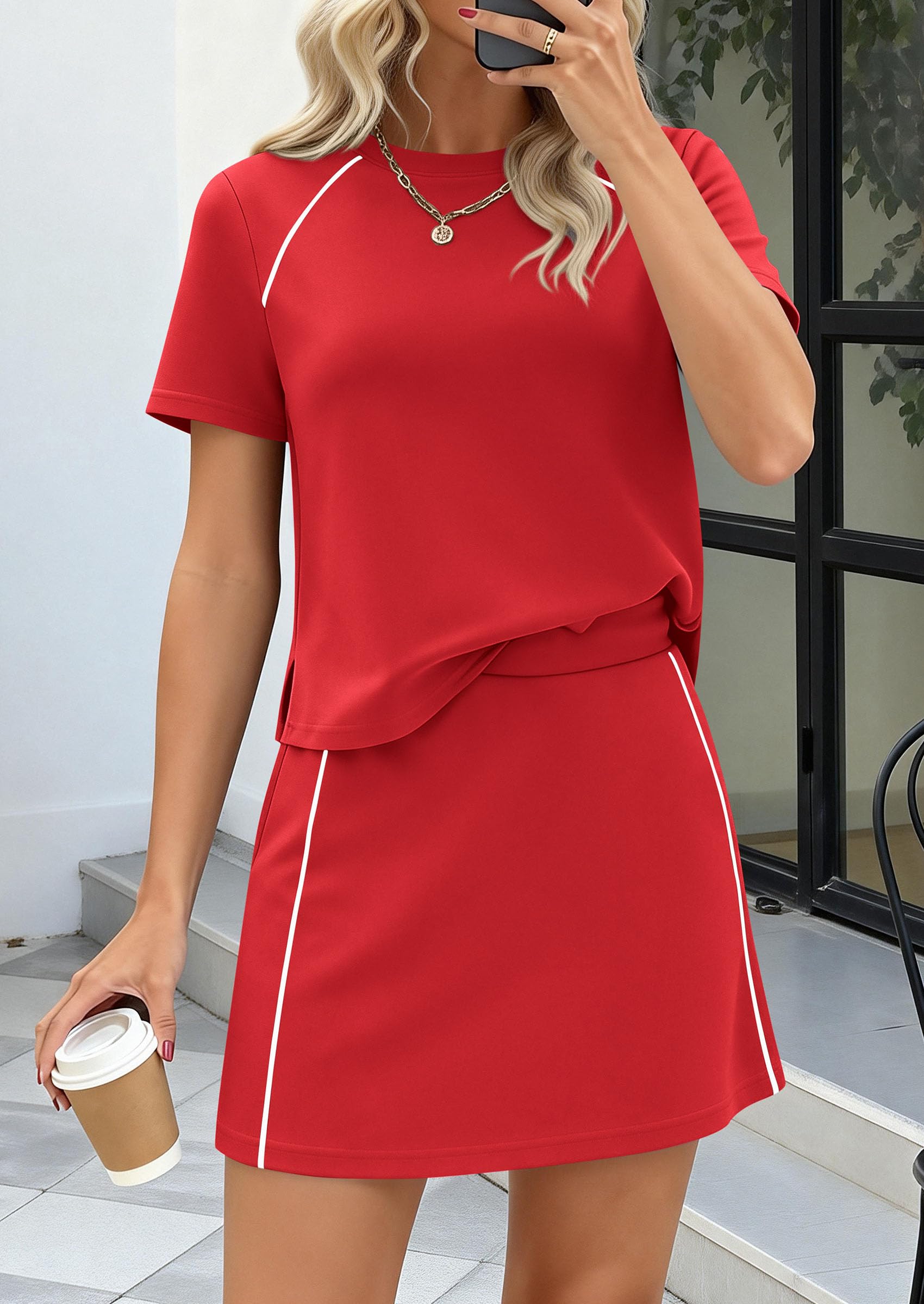 Women's 2 Piece Skirt Sets Matching Clothing (Red,S)