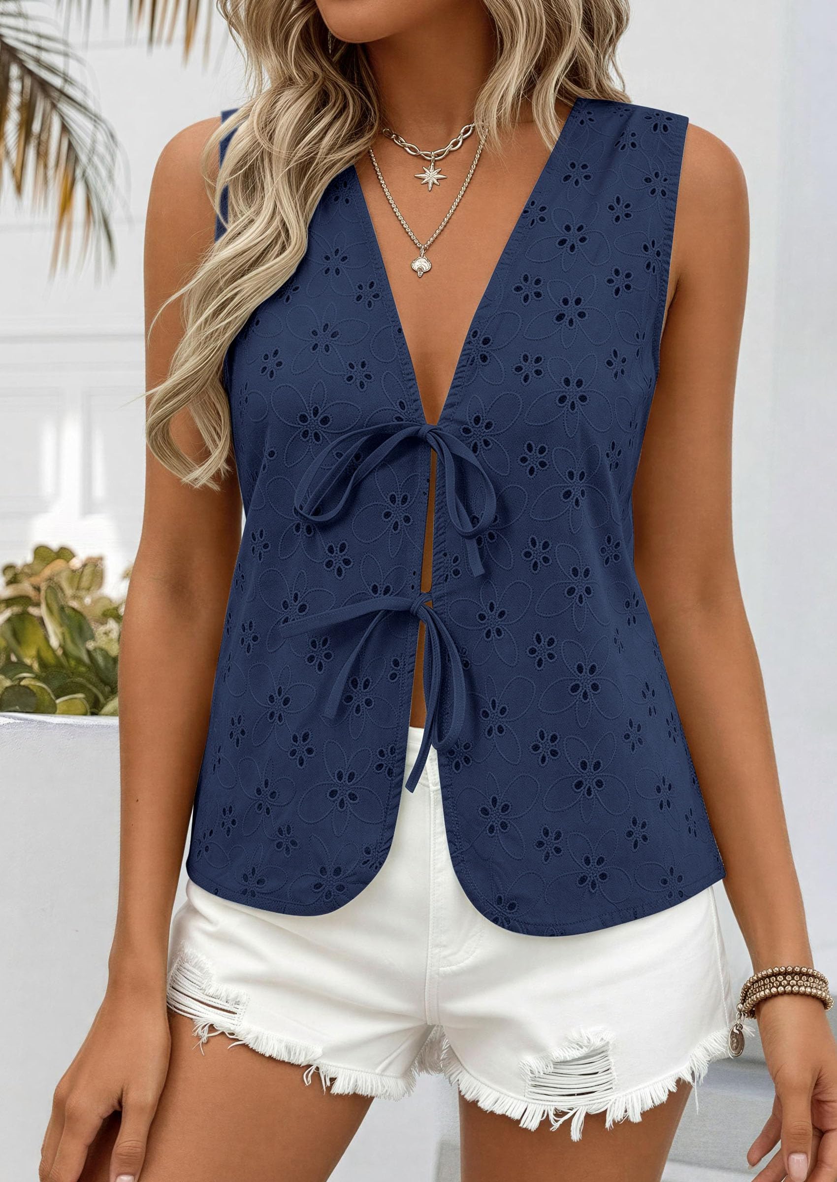 Women's Summer Eyelet Lace Tie Front Vest Tops (Navy Blue,S)