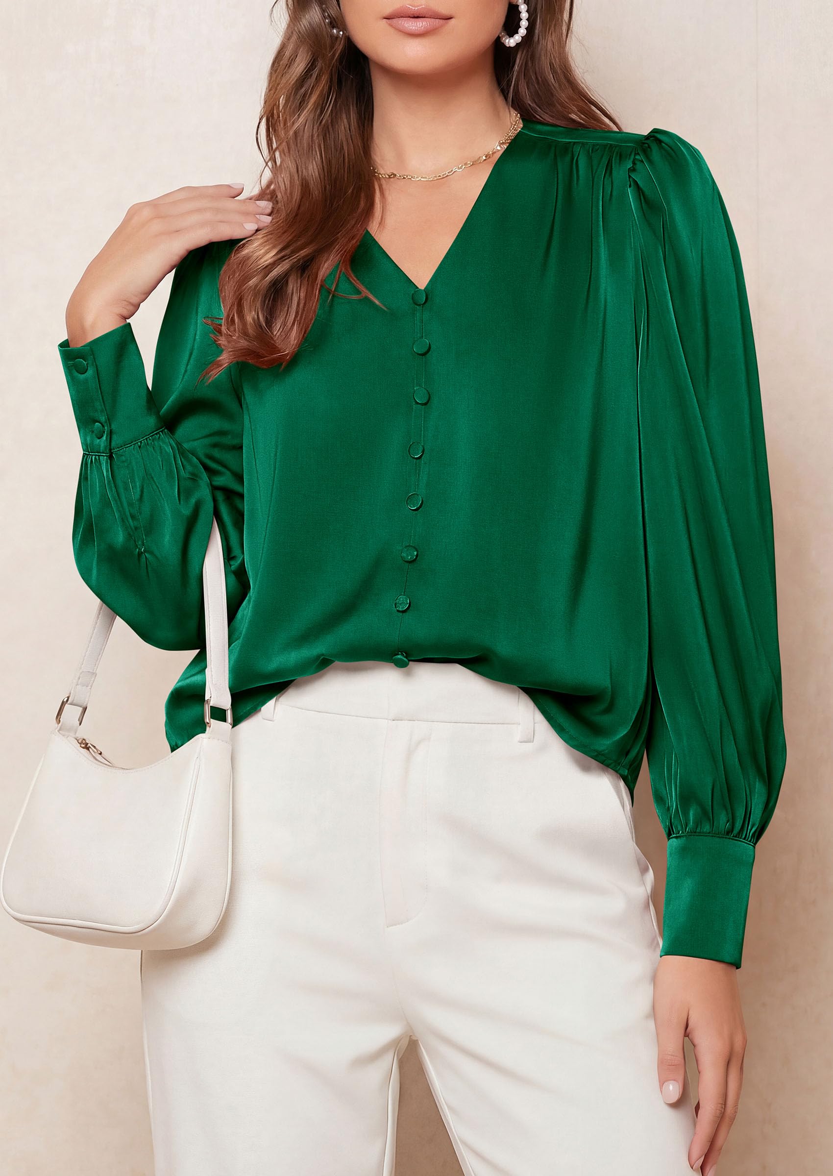 Womens Long Sleeve Satin Blouses Silk Business Casual Outfits