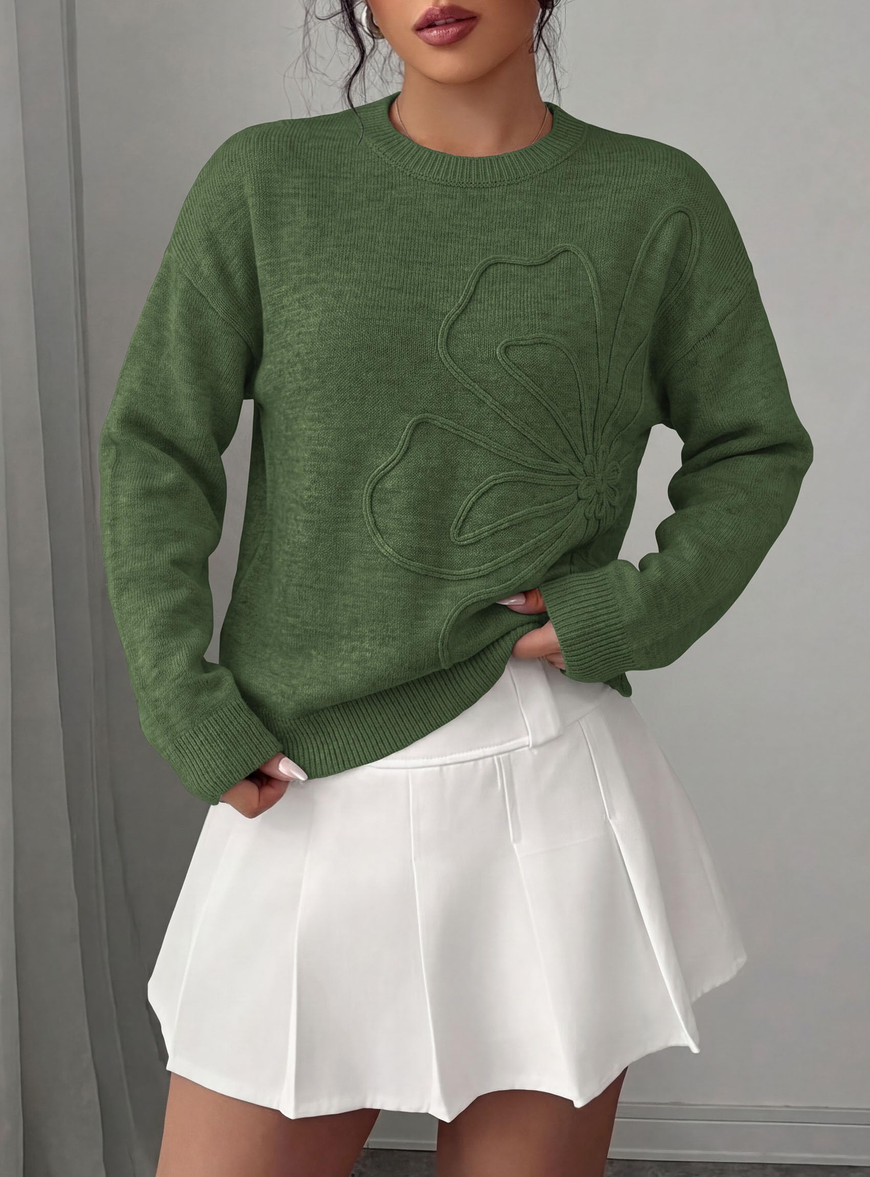 Sweaters for Women Fall Fashion Embroidered Floral Knit Tops