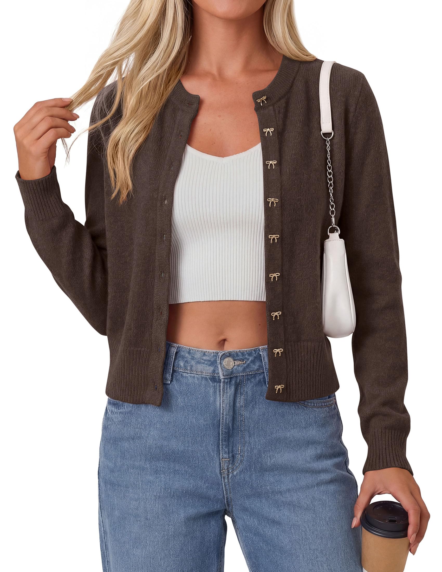 Cardigan Sweaters for Women Cropped Bow Button Up Cardigan