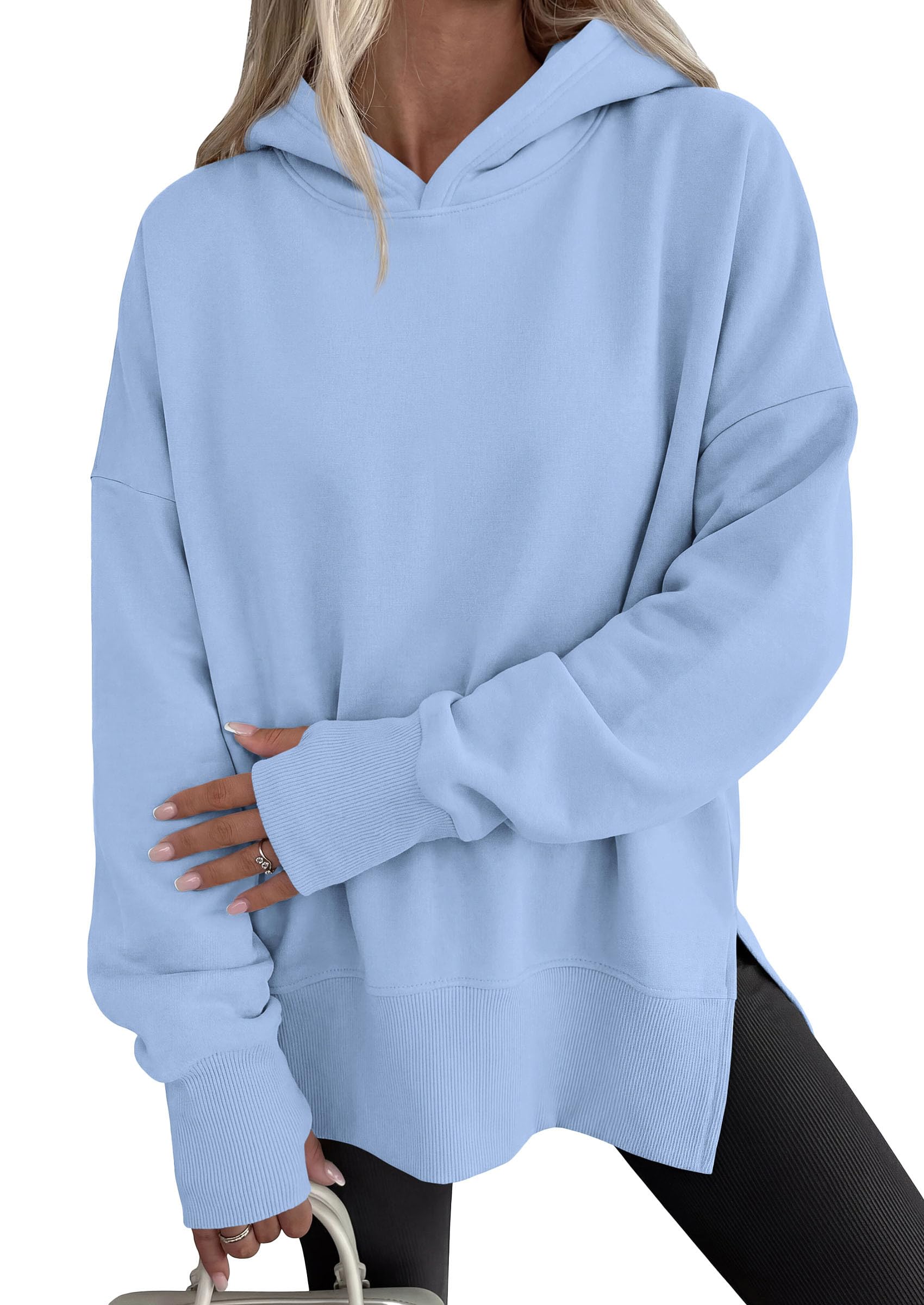 Womens Oversized Hoodies Side Slit Sweatshirts Light Blue,L