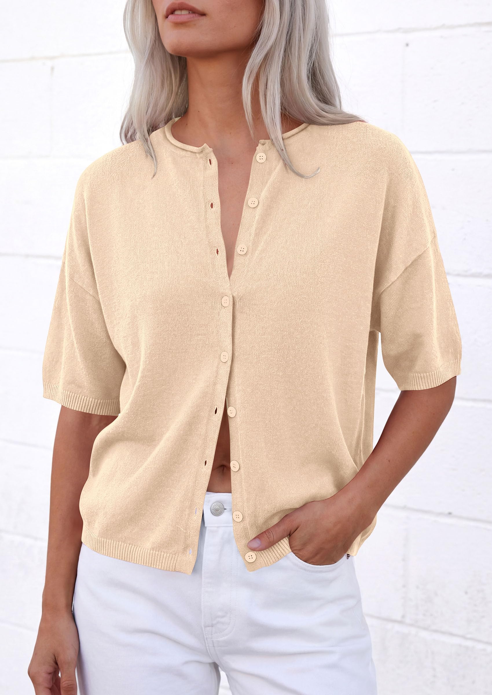 Women's Short Sleeve Cardigan Sweaters (Beige,Small)