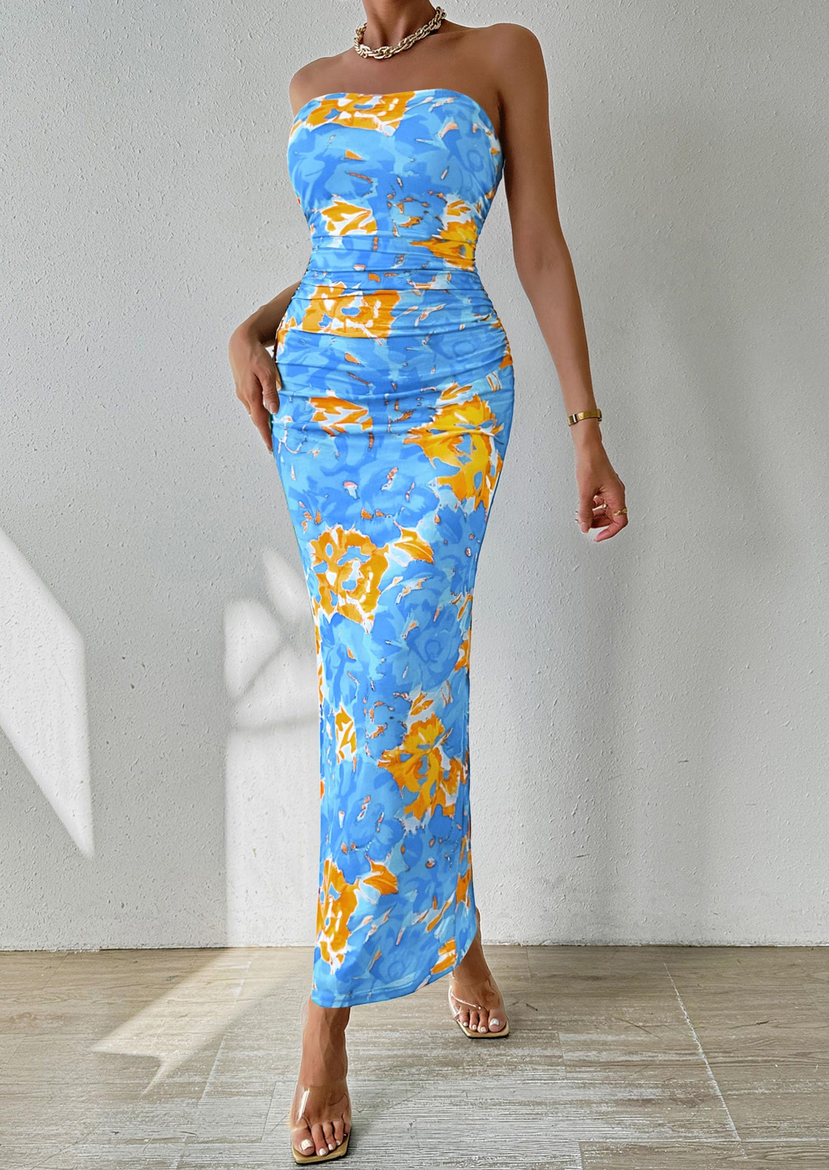 Womens Strapless Bodycon Maxi Dress, Light Blue Floral,S