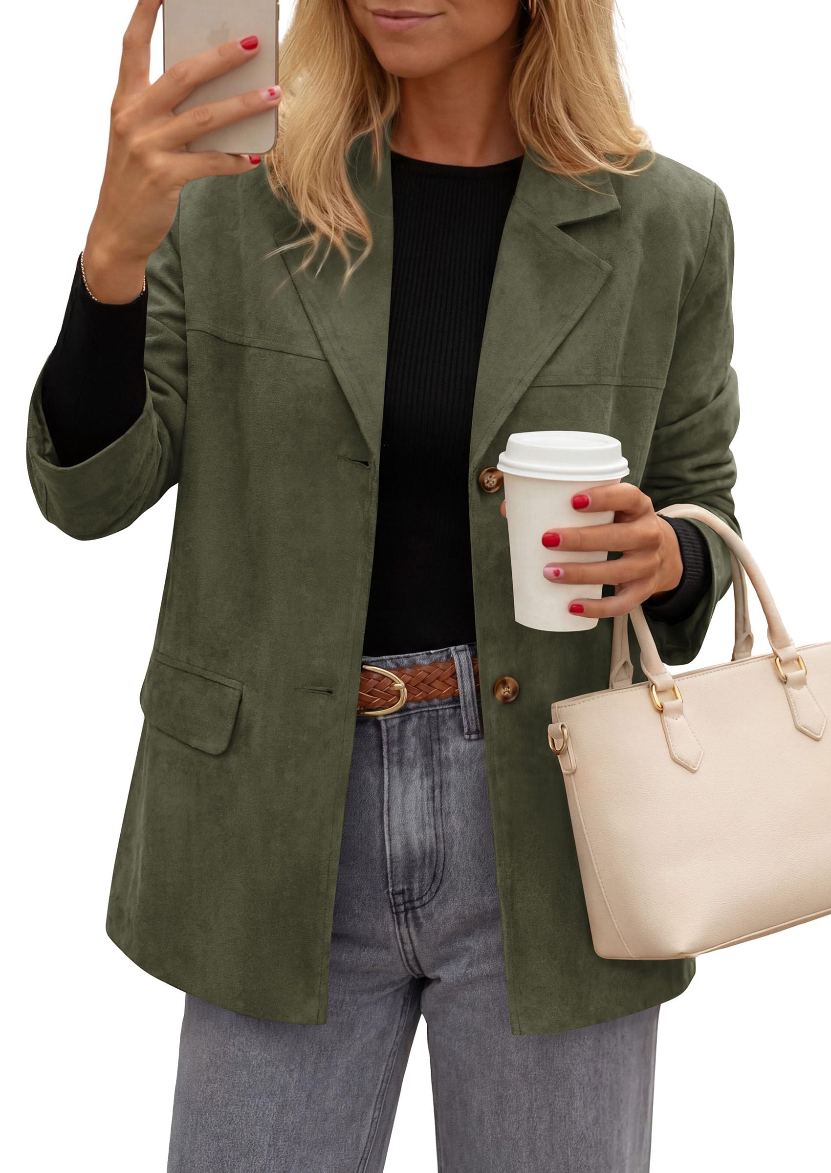 Blazers for Women Western Fall Faux Suede Jacket Army Green