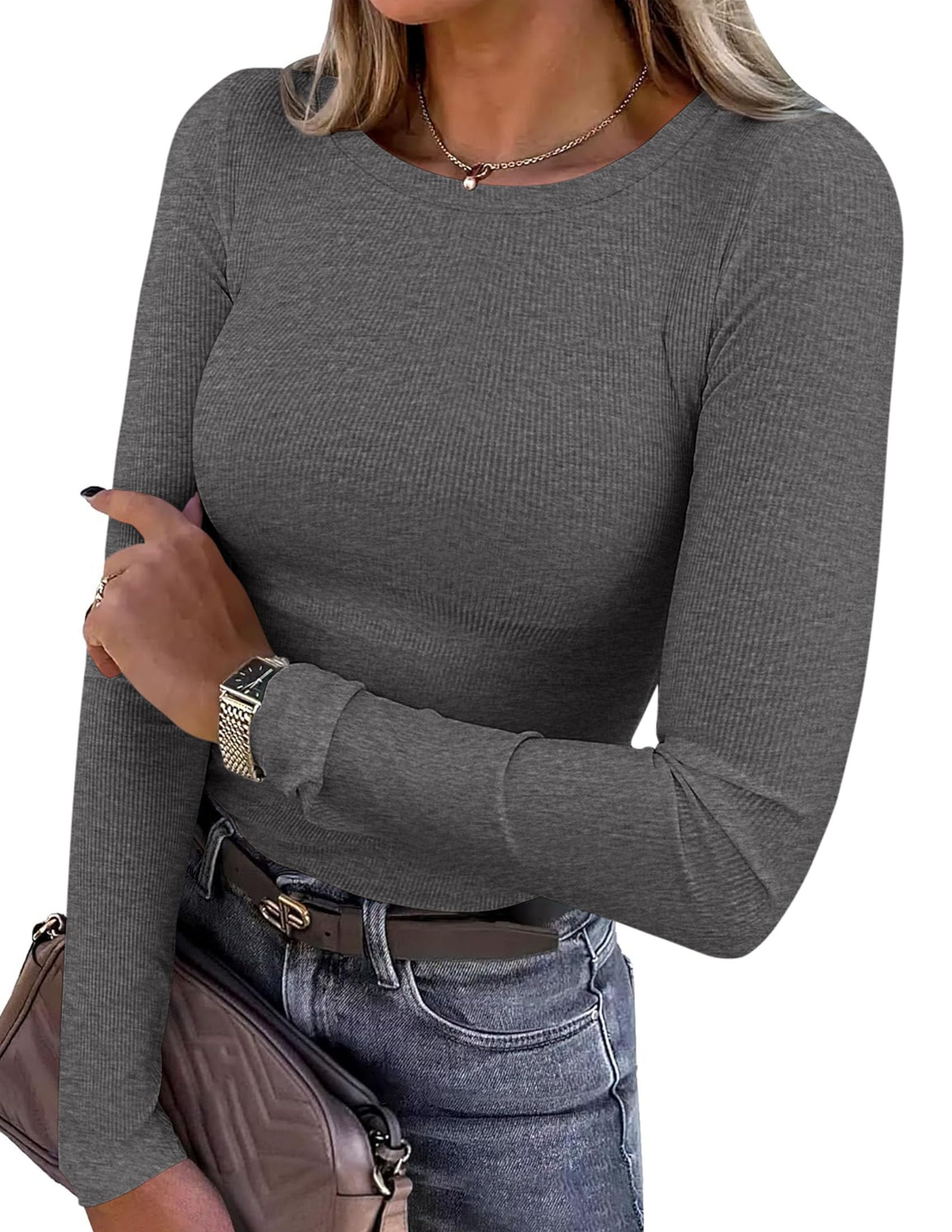 Women's Fall Long Sleeve Shirts Basic Tees (Charcoal,XS)