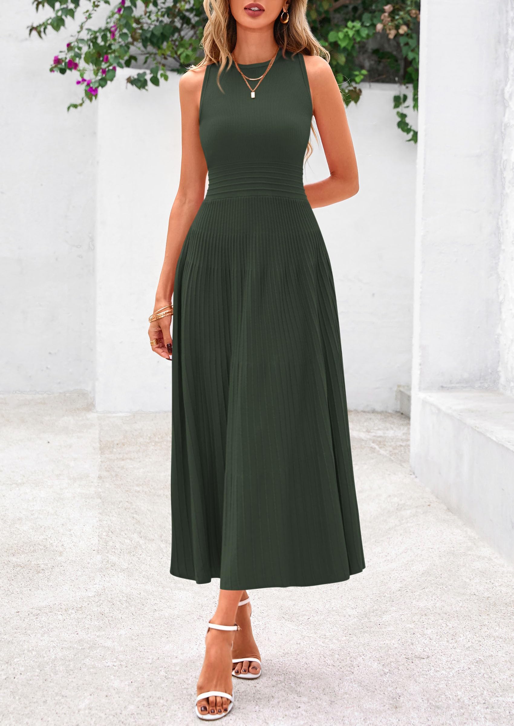 Women's Summer Pleated Midi Work Dress,Army Green,S