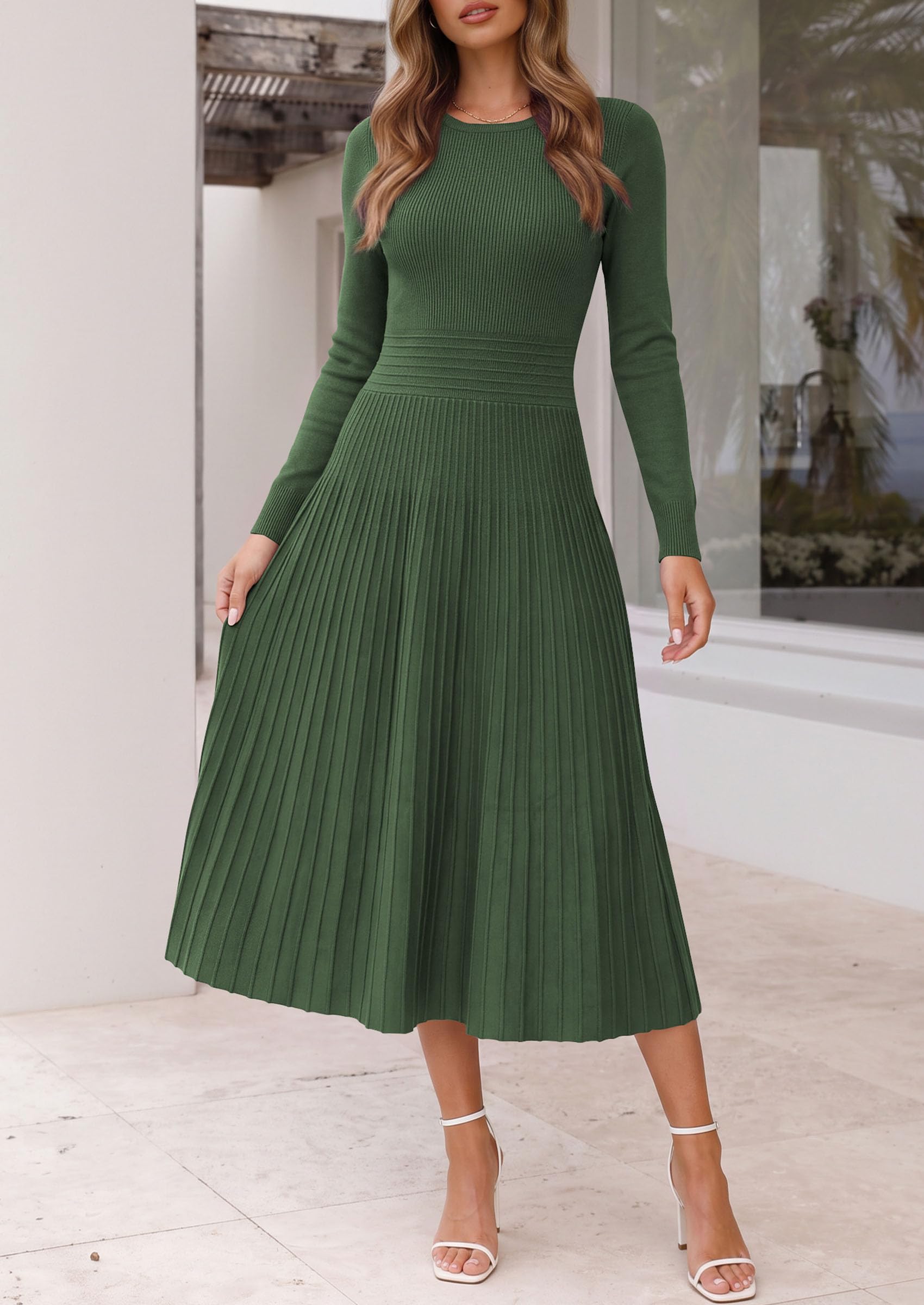 Women's Long Sleeve Knit Maxi Sweater Dress,Army Green,S
