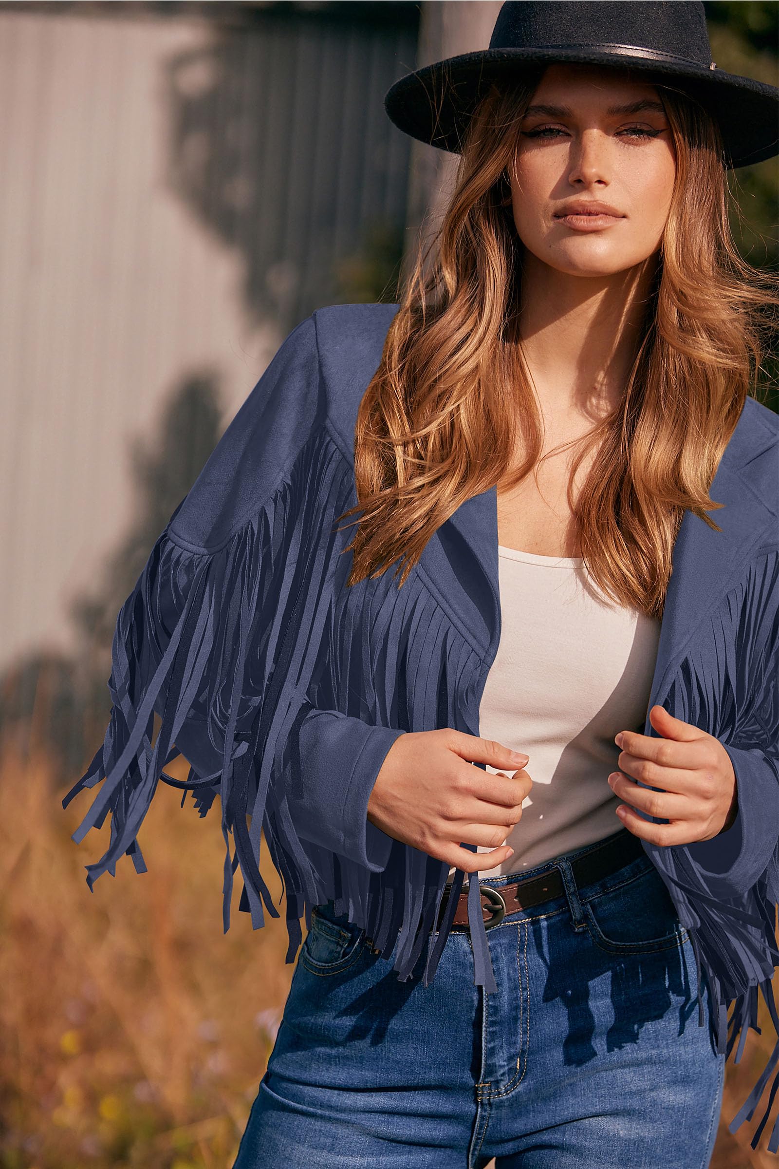 Women's Fringe Faux Suede Leather Jackets,Haze Blue,S